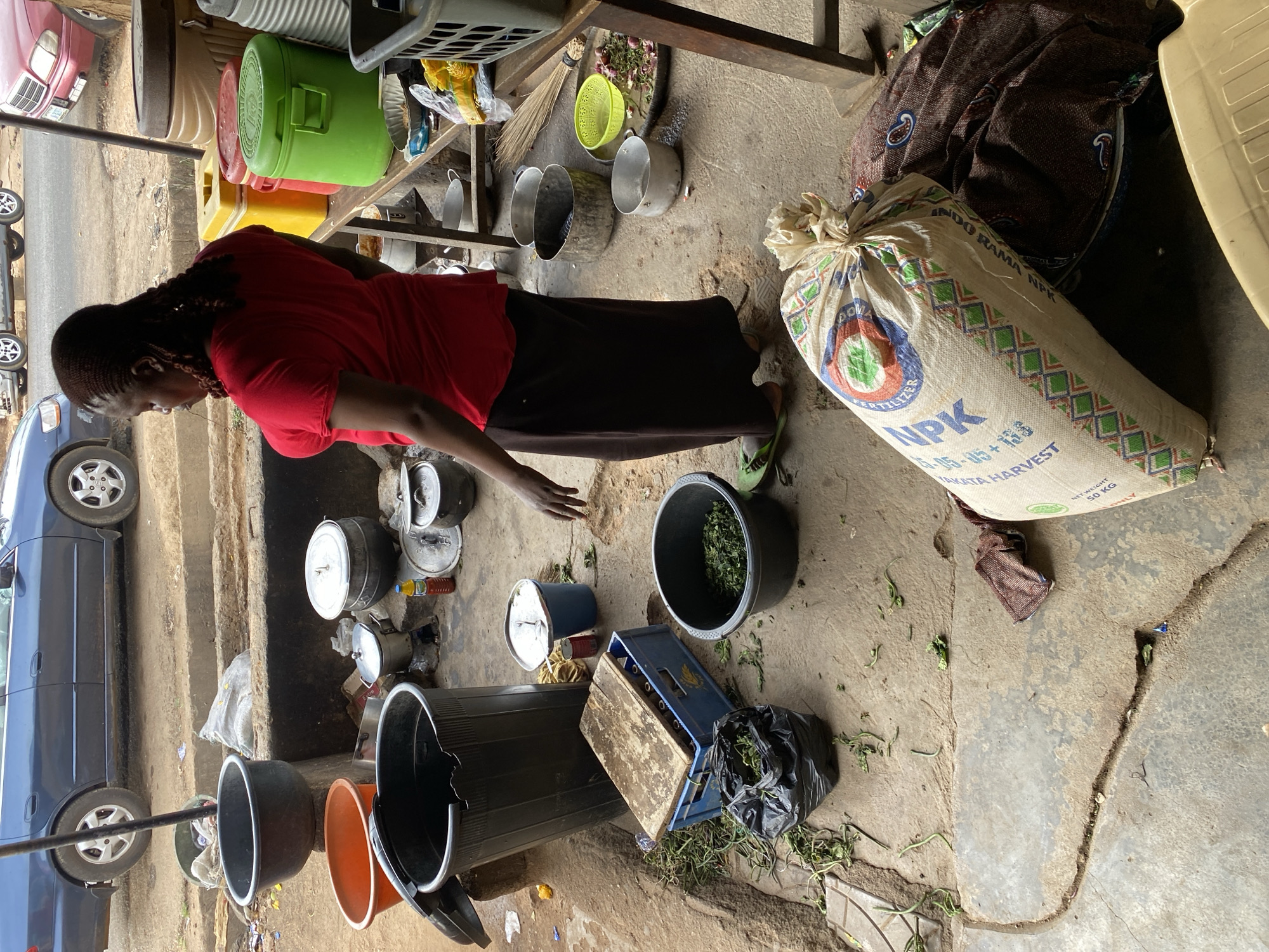 This image captures a vibrant, open-air scene, likely a roadside market stall or food preparation area in Jos, Nigeria. The setting features a dirt and concrete ground, with a wooden shelf structure in the background holding various items.
The central figure is a woman with braided hair, wearing a red short-sleeved top and a dark long skirt, and light-colored sandals. She is standing, looking downwards, seemingly engaged in preparing or sorting green leafy vegetables, some of which are in a black bucket, a black plastic bag, and scattered on the ground around her feet. Numerous metallic and plastic cooking pots, basins, and buckets are strewn across the ground, indicating culinary activity. Among these are silver aluminum pots with lids, and black and orange plastic tubs.
On the wooden shelving unit, there are green, yellow, and red plastic containers, a broom, a yellow plastic sieve, and several smaller metal pots. To the right, a large white woven sack is prominent, bearing text that identifies it as "INDORAMA NPK" fertilizer, with specifications "15-05-05 + 13S" and "TAKATA HARVEST", and a "NET WEIGHT 50 KG". Another patterned fabric bag rests beside it, underneath a light-colored plastic chair.
In the background, two cars are visible on a dirt road, suggesting a busy thoroughfare. A red sedan is partially visible at the top, and a darker blue sedan is parked closer to the foreground. The lighting suggests it is daytime, possibly with some cloud cover given the soft shadows. The scene portrays a functional and active environment, typical of an informal market or street vendor setup.