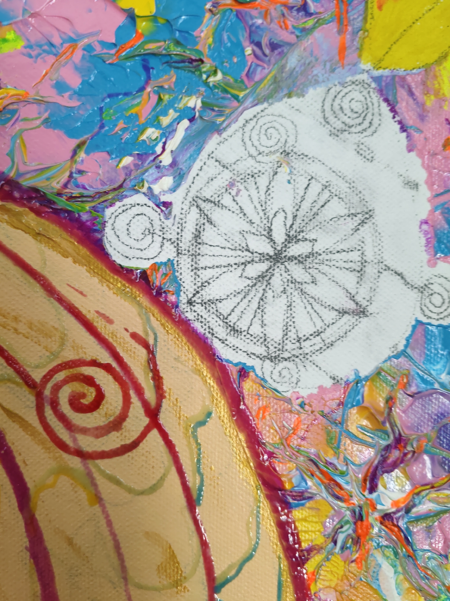 This is a close-up, detailed view of an abstract painting. The painting features a textured surface with thick, impasto brushstrokes in a variety of vibrant colors, including pink, blue, yellow, orange, purple, and green. There are areas of swirling paint, creating a dynamic and energetic feel. In the center of the image, a sketch of a circular object, possibly a compass or a wheel, is drawn in black on a white background. Surrounding this sketch are more areas of thick, colorful paint. To the left, a large section of the canvas is painted in a peachy-beige color, with prominent red and purple swirling lines and accents of gold. There are no people, recognizable landmarks, or any indication of a specific location in Rostov-on-Don, Russia, or any other city. The image focuses solely on the artistic elements of the painting itself.