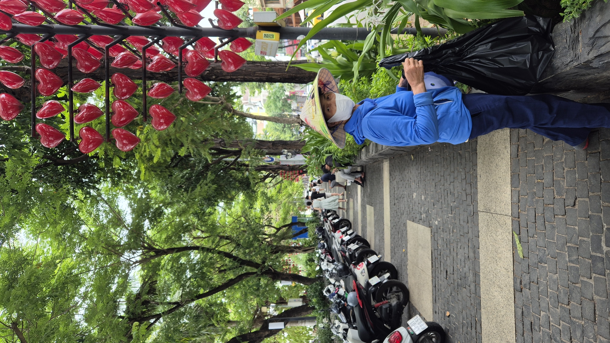 The image shows a street scene in Đà Nẵng, Vietnam, with a woman in the foreground wearing a conical hat and a blue jacket, holding a black plastic bag. She is standing on a cobblestone sidewalk next to a stone planter with lush green foliage. To her left, a row of motorcycles is parked along the street, and beyond them, more trees and buildings are visible. A decorative structure adorned with red heart-shaped ornaments stands to the right of the woman, with more trees and a building in the background. In the distance, other pedestrians are seen walking and sitting on a bench. The overall scene depicts a typical urban environment with a touch of festive decoration.