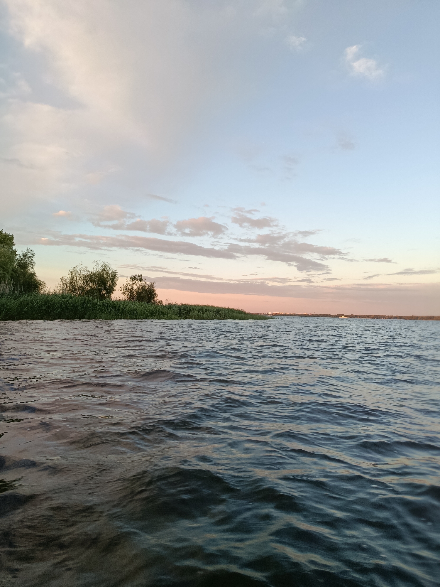 The image captures a serene, low-angle view of the Volga River at sunset, likely in Saratov, Russia. The foreground is dominated by the rippling surface of the dark water, reflecting the muted colors of the sky. To the left, a dense line of tall green reeds and trees forms the embankment, with the gentle slope of the land leading to the distant, hazy horizon. The sky above is a canvas of soft pastels, with streaks of pale pink and orange clouds intermingling with muted blue and grey, suggesting the twilight hour. The overall impression is one of tranquility and natural beauty, characteristic of a riverside scene during the golden hour. There are no people or obvious man-made structures visible in the immediate vicinity, contributing to the natural and untouched feel of the landscape. The water's surface shows small waves, indicating a gentle breeze. The distant horizon is slightly obscured by atmospheric haze, but appears to show a flat expanse of land.