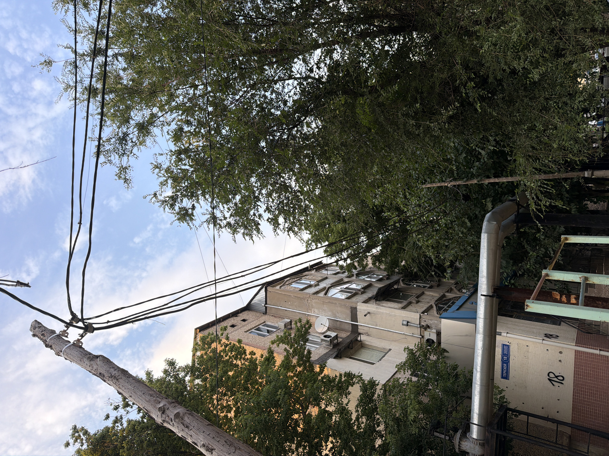 The image depicts an urban scene with a residential building and overhead utility lines. The building appears to be several stories high, with numerous windows and what look like skylights or dormer windows on the upper floors. It is constructed from concrete and has a textured facade on some sections. An air conditioning unit and a satellite dish are visible on the exterior. A large metal pipe runs vertically along the side of the building.
In the foreground, a weathered wooden utility pole, tilted at an angle, supports a bundle of black electrical or communication wires that stretch across the frame. Lush green trees partially obscure the building and the wires, their leaves creating a dappled effect against the sky. The sky is a pale blue with scattered white clouds, suggesting it is daytime, likely late afternoon or early evening given the soft lighting.
On the building's facade, some text is visible. A blue sign reads "ТЕРІСІЕС" (Terisies) followed by the number "18" in a circle. The number "18" is also spray-painted in black on the wall. The overall setting appears to be a residential neighborhood in Shymkent, Kazakhstan, characterized by its utility infrastructure, apartment buildings, and surrounding vegetation. There are no people visible in the image, and the scene conveys a sense of everyday urban life.