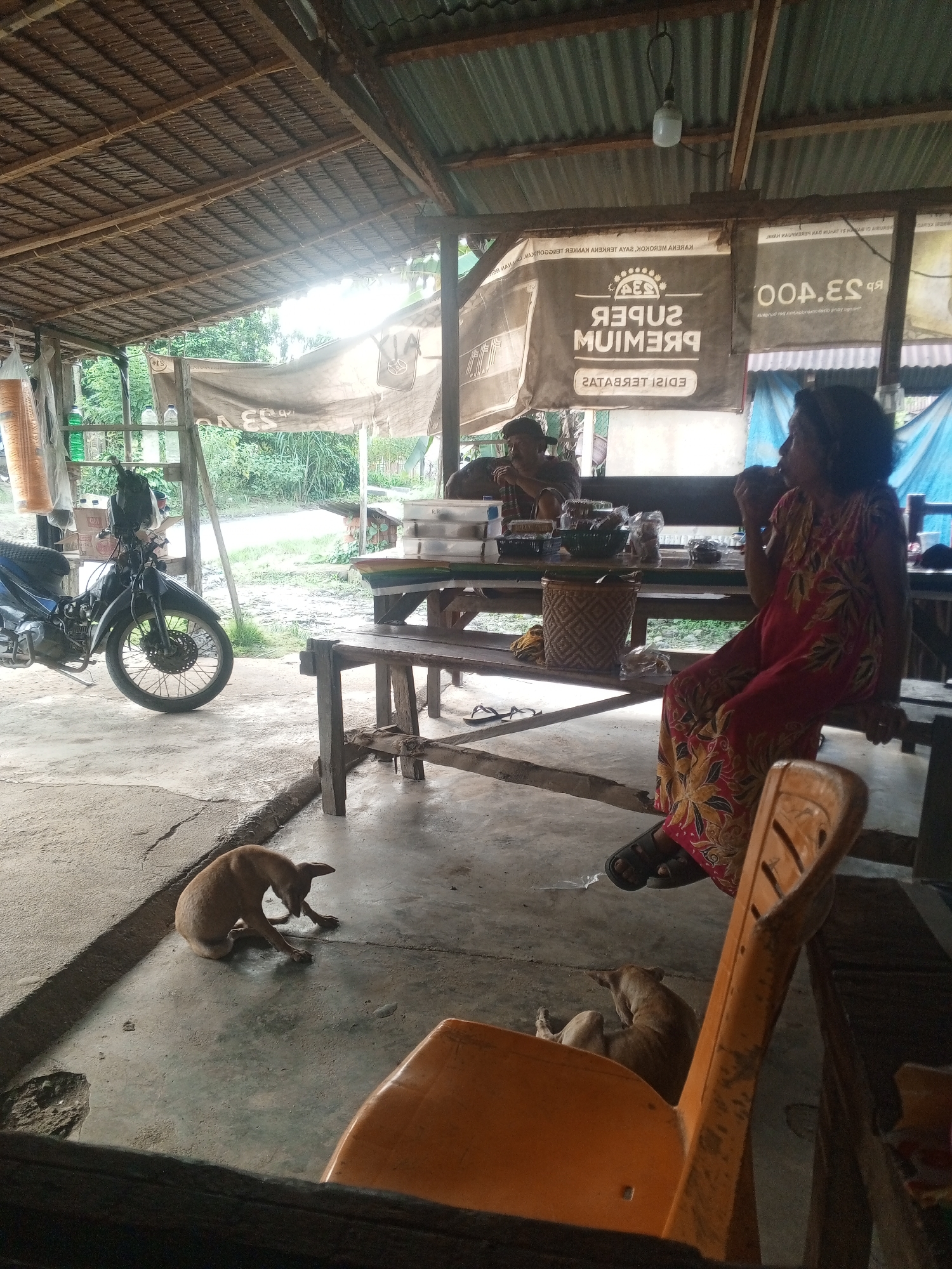 The image depicts an outdoor covered seating area with a thatched roof supported by wooden beams. In the foreground, a tan dog is lying on the concrete floor, facing away from the camera, with its head turned to the left. To the right of the dog, an orange plastic chair is partially visible. In the background, a motorcycle is parked on the left side of the frame. Behind the motorcycle, a wooden table is set up with various items, including containers and plastic bags. Two individuals are seated at the table. On the left, a person wearing a dark cap and a plaid shirt is seated. On the right, a person wearing a red and yellow floral-patterned dress is seated and appears to be eating. A woven basket is placed on a bench between the table and the person in the floral dress. Banners are hanging on the back wall, one of which displays "SUPER PREMIUM" in large letters. The ground is made of concrete, and the surrounding environment appears to be rural with greenery visible in the background. The scene suggests a casual roadside eatery or rest stop.