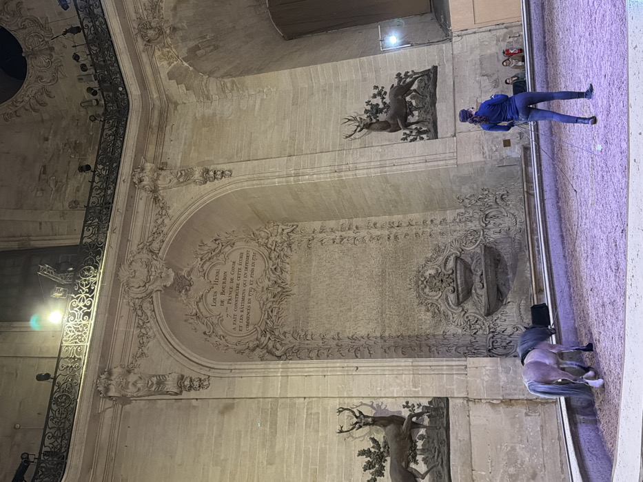 An ornate building interior features a gray wall with decorative elements. A large archway surrounds a plaque with a Latin inscription. Relief sculptures of deer adorn the upper and lower sections of the wall. On the right, a woman in blue stands near a railing, with a horse visible in the foreground. Additional figures are smaller and further away, possibly part of a performance. Architectural details and lighting fixtures are visible on the left side of the frame.