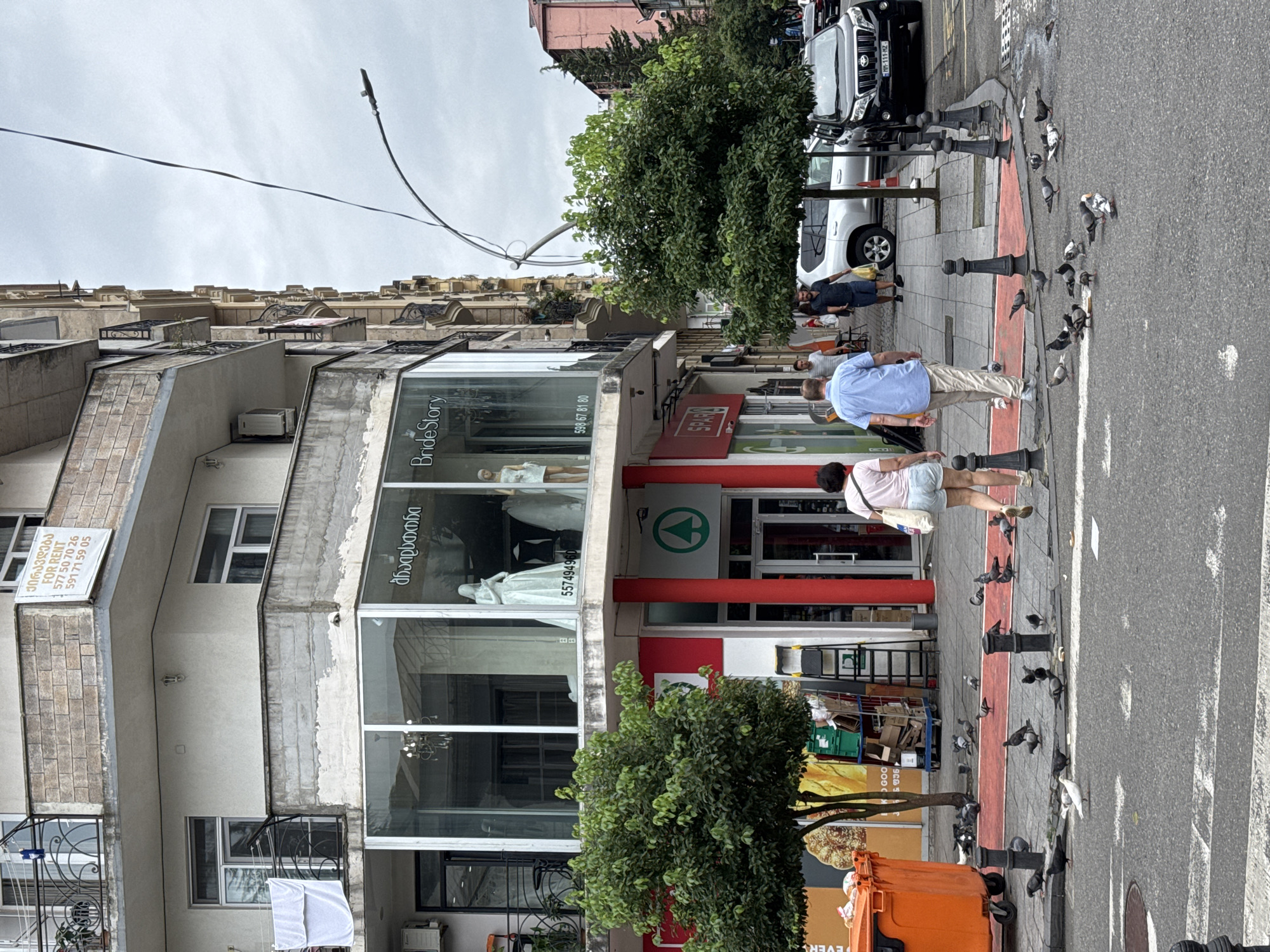 The image captures a street scene in Batumi, Georgia, on an overcast day. In the foreground, a group of pigeons are gathered on the asphalt street and the adjacent sidewalk. Two individuals, a woman wearing a light-colored t-shirt and denim shorts, and a man in a blue shirt and khaki pants, are walking away from the camera towards the right of the frame. They are walking on the sidewalk next to a red-painted pedestrian crossing.
The backdrop features a multi-story building with commercial establishments on the ground floor. A large window displays mannequins dressed in wedding attire, with signage for "BrideStory" visible. Below this, a SPAR supermarket is identifiable by its red pillars and green logo. To the left, an orange dumpster and a tree with green foliage are present. Further down the street, several parked cars, including a black SUV, are visible. The architecture suggests an urban environment with a mix of older and newer building styles. The sky is cloudy, indicating a diffused light source.