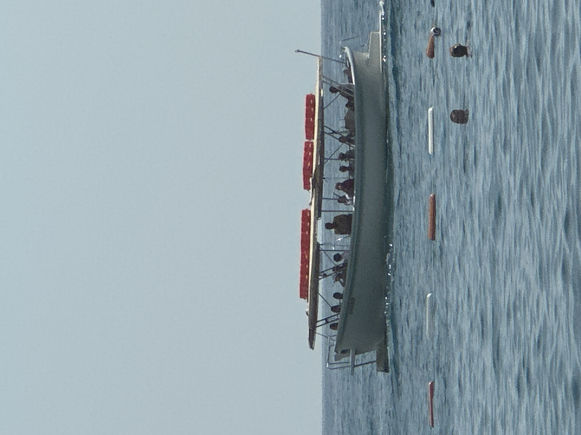 A light grey tourist boat with a canopy is sailing on a body of water. The boat is populated with several people, appearing to be tourists. The boat has several red life preservers stacked on its roof. In the foreground, several buoys are floating on the water, with some people swimming in the water between them. The sky is clear and a pale blue. The location is the coast of Boreti, Montenegro.