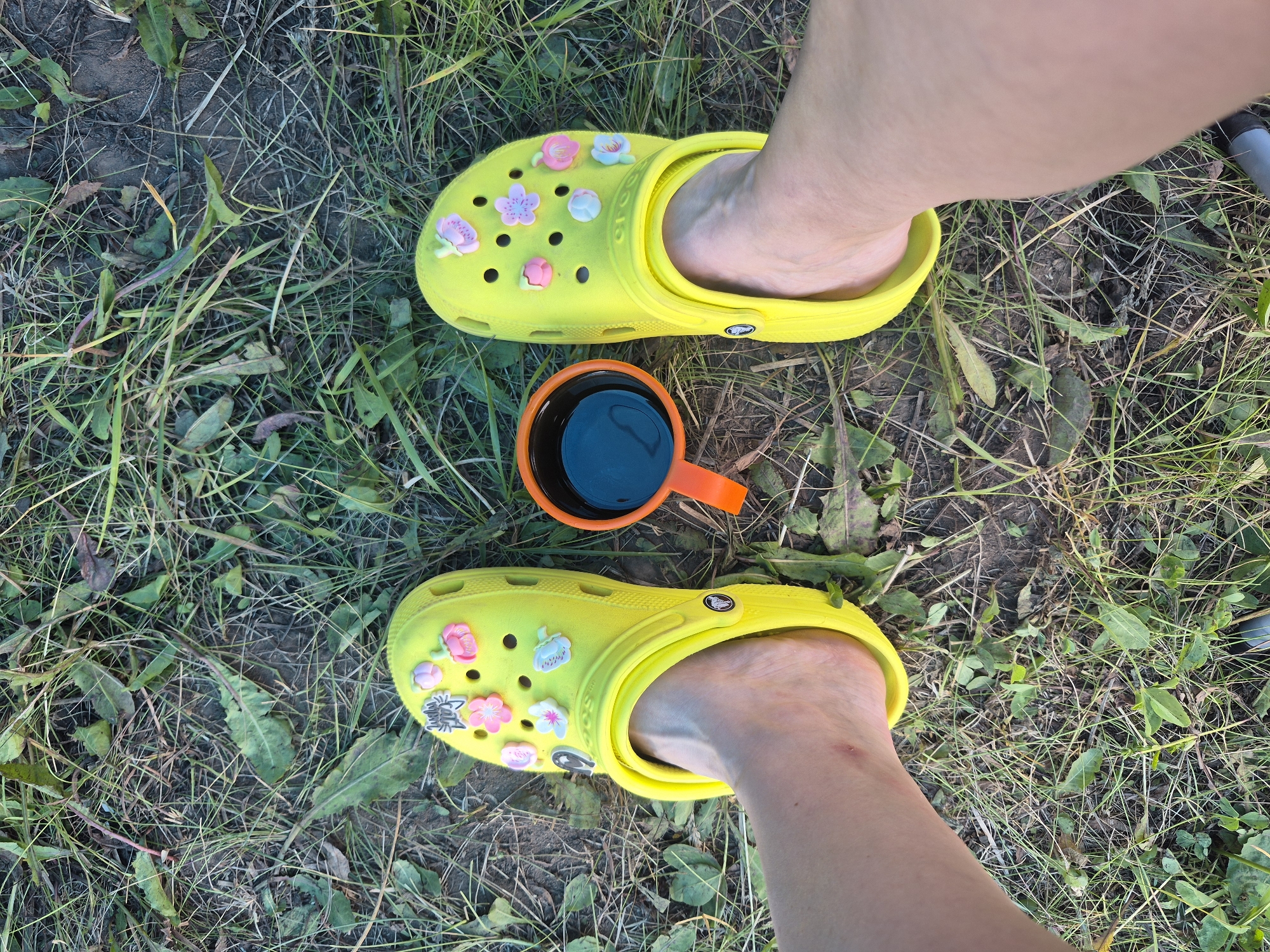 The image depicts a top-down view of two bright yellow Crocs, each worn by a bare foot. The Crocs are adorned with various colorful Jibbitz charms, including flowers and what appear to be spiders or insects. Between the Crocs, a small orange mug filled with a dark liquid, presumably coffee, is placed on a grassy surface. The ground is covered in dry grass, dirt, and scattered green leaves, suggesting an outdoor, possibly park or backyard setting. The scene is lit by natural sunlight, casting subtle shadows. The overall impression is one of casual relaxation in a natural environment. The location of Lagunovo, Russia is not discernible from the visual information provided in the image.