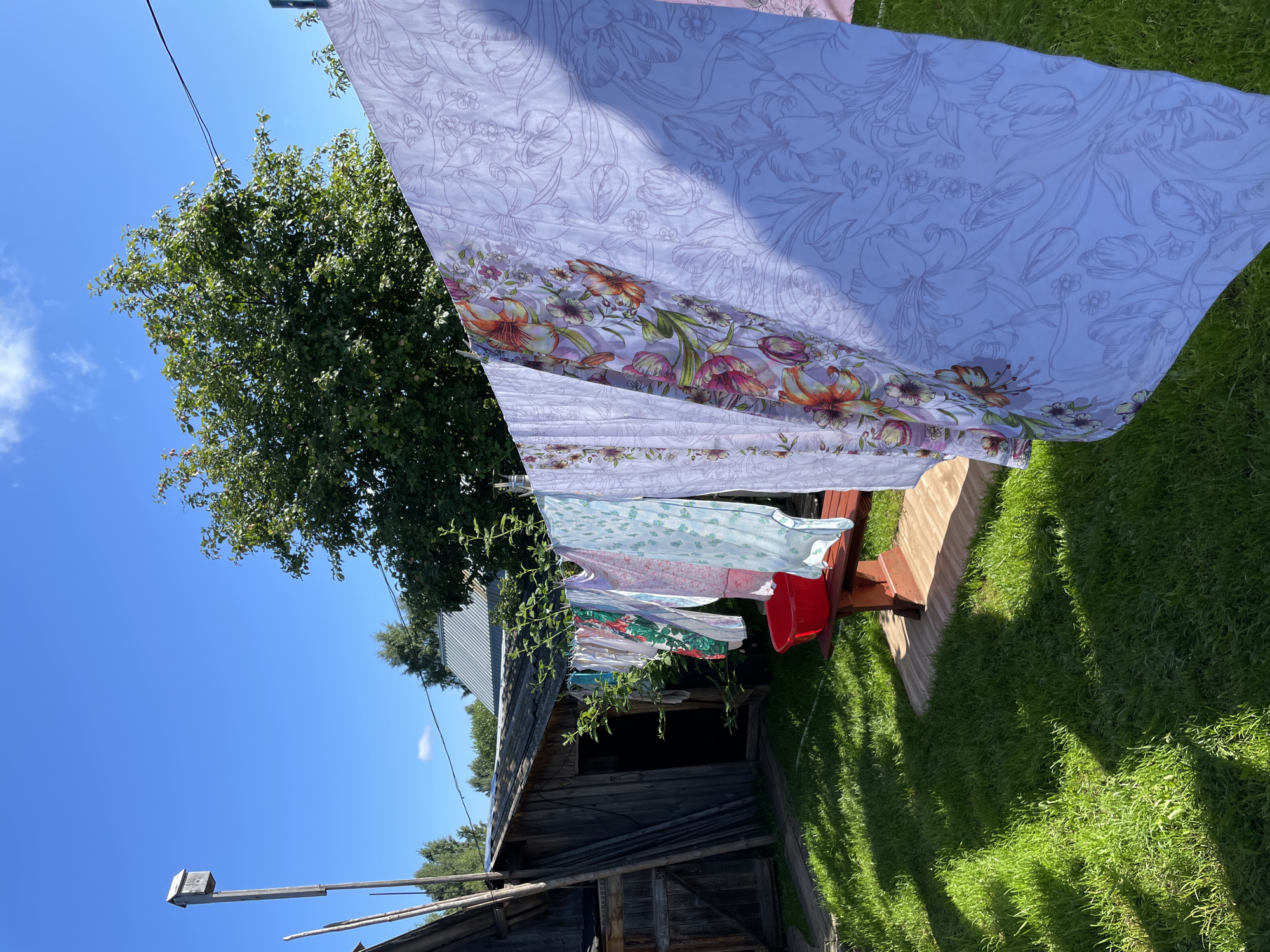 This image depicts a sunny outdoor scene at a rural property in Дресвяново, Russia. A clothesline stretches across the frame, adorned with various garments, including patterned sheets and clothing, fluttering in the breeze. In the background, a rustic wooden shed with a weathered roof stands on a patch of lush green grass. A red basin rests on a wooden bench near the shed. The sky above is a clear blue with scattered clouds, and a large tree with dense foliage is visible. The overall impression is one of a tranquil summer day in a rural setting.