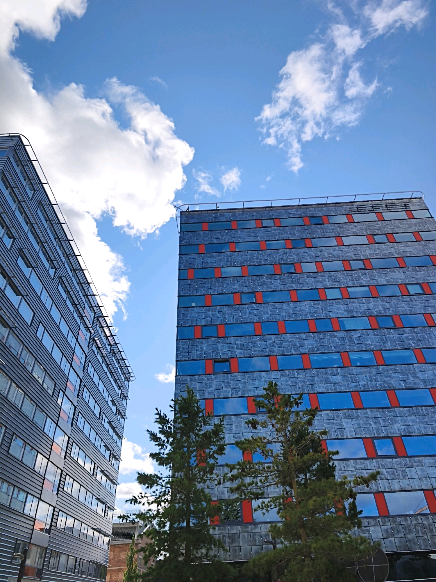 This is a low-angle, full-shot, eye-level, medium shot photograph of two modern buildings and a bright blue sky with white clouds. The building on the left is tall and rectangular, with a facade of gray metallic panels and numerous windows. Some windows have a reddish tint. The building on the right is also tall and rectangular, with a facade of gray square panels and alternating bands of blue and red rectangles. There are trees in front of the buildings. The image appears to have been taken in Tallinn, Estonia, specifically in the area of the Old City Harbor.