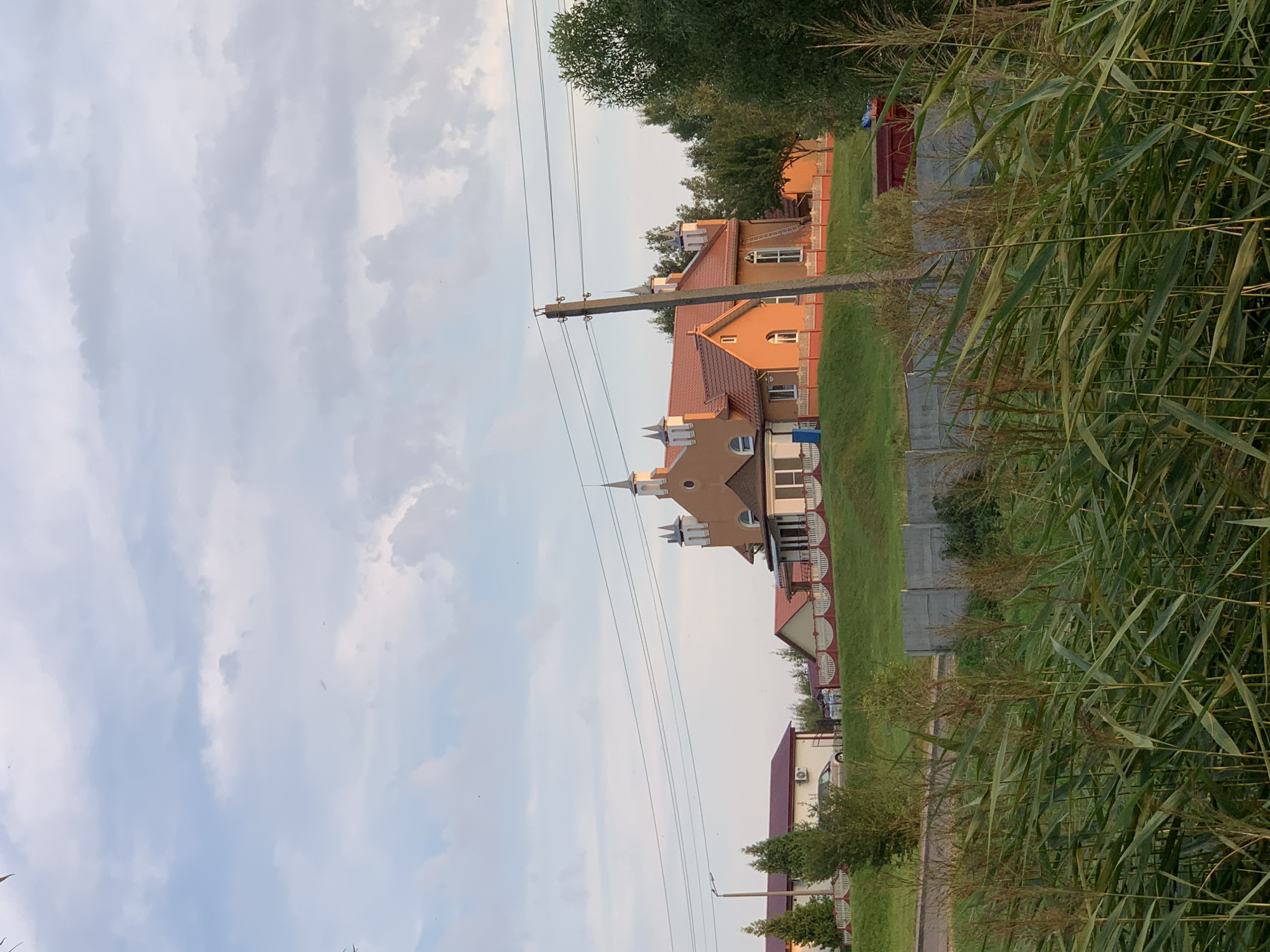 This is a medium shot, outdoor, eye-level, vertical photograph of a residential area in Kapyĺ, Belarus, taken from a low angle. In the foreground, tall, green reeds with brown seed heads sway in the breeze. Behind the reeds, a gently sloping green lawn leads up to a row of buildings. The buildings are predominantly orange with red roofs and white decorative fencing along their edges. The largest building, situated on the right side of the frame, has a distinct architectural style with pointed turrets and arched windows. A utility pole with power lines runs diagonally across the mid-ground, in front of the buildings. In the far background, a dense line of green trees borders the property. The sky above is filled with soft, white clouds against a pale blue backdrop. The scene appears to be a serene, rural or suburban setting.