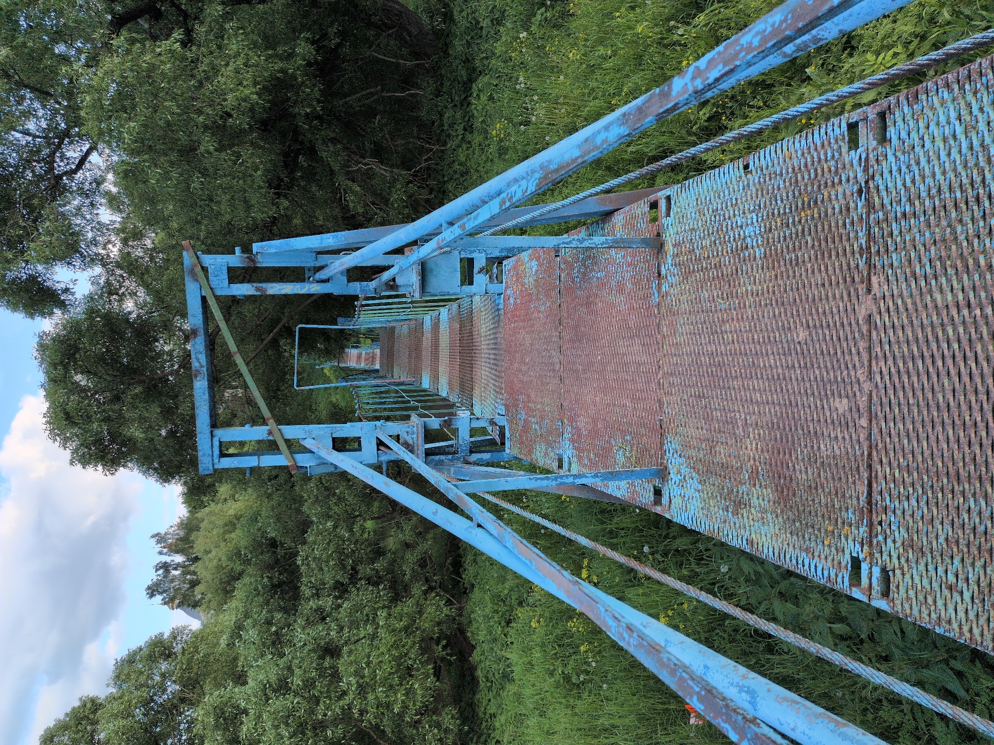 An eye-level, long shot depicts an old, blue suspension bridge with a metal grate deck leading into dense green foliage. The bridge has rusted surfaces where the blue paint has worn away. Steel cables run along the sides of the bridge. The bridge appears to be in a state of disrepair. The environment surrounding the bridge is lush with overgrown vegetation. The scene is located in Lemeshovo, Russia.