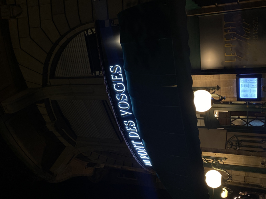 The image displays the illuminated facade of the "Au Pont des Vosges" restaurant/brasserie at night, located in Strasbourg, France. The building exhibits a light-colored stone facade with ornate architectural elements, including curved arches and structural corbels above. A prominent blue-white neon sign reading "AU PONT DES VOSGES" is mounted above a dark green, scalloped awning. Below the awning, two large, spherical white globe lamps, affixed to the facade by decorative dark metal brackets, provide illumination. To the right of the main entrance, a brightly lit digital menu board is visible. Further to the right, a sign with gold lettering partially visible against a dark background reads "LE-PETIT bar DES VOSGES". Upper windows of the establishment are covered by closed, horizontally corrugated roller shutters. No individuals or specific actions are depicted in the scene.