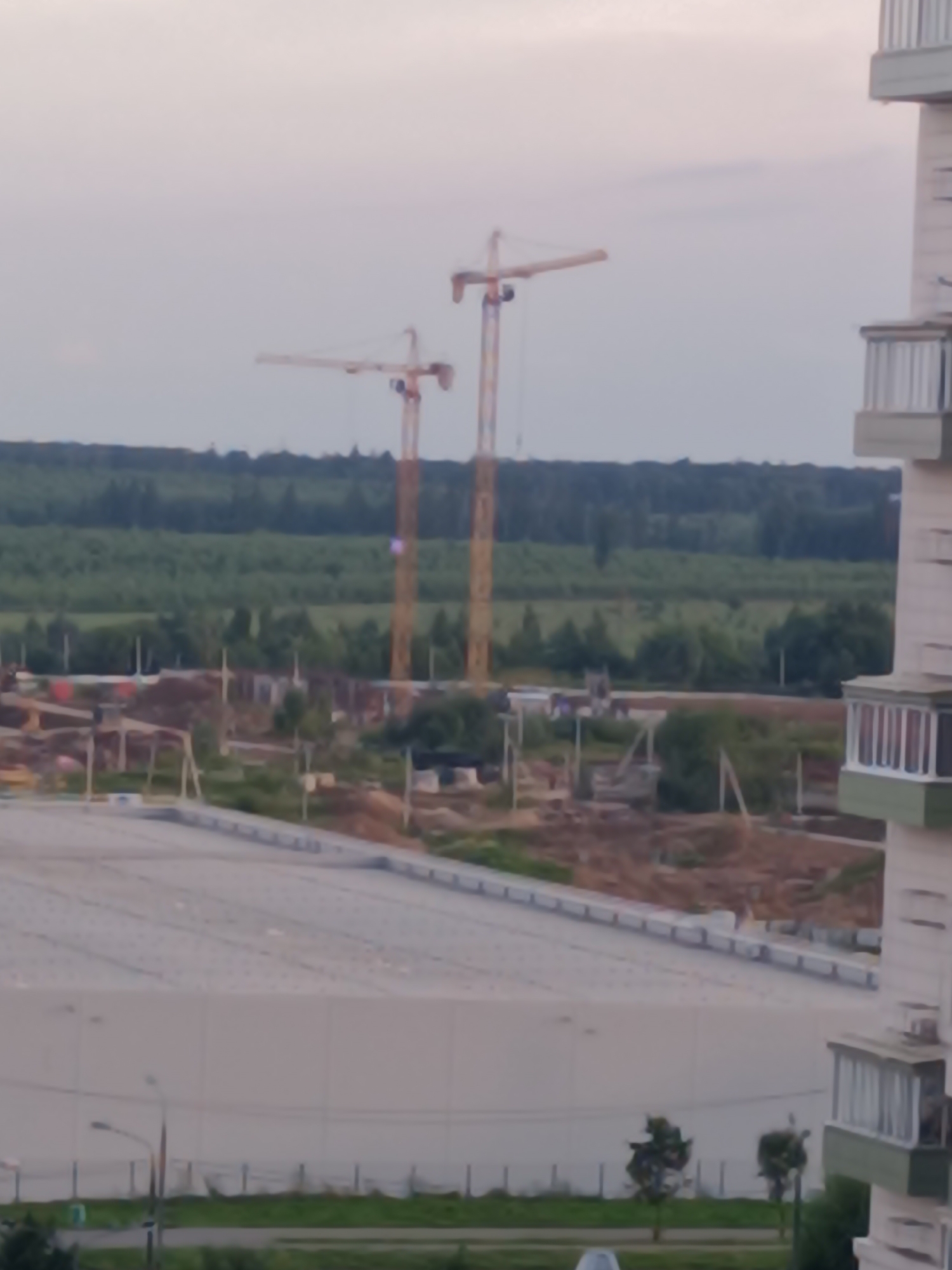 The image shows a construction site in Zelenograd, Russia, under a hazy sky. Two yellow tower cranes are prominent in the middle ground, with their booms extended. In the foreground, a large, light-colored, unfinished building or structure with a sloped roof dominates the lower half of the frame. A street light is visible to the left of this structure. Behind the cranes, a dense line of green trees forms the horizon, separating the construction area from the sky. Further to the right, a portion of a tall, multi-story building, likely residential, with balconies, is visible. The construction site itself appears to be a mix of exposed earth, concrete foundations, and various building materials. No people are visible in the image.