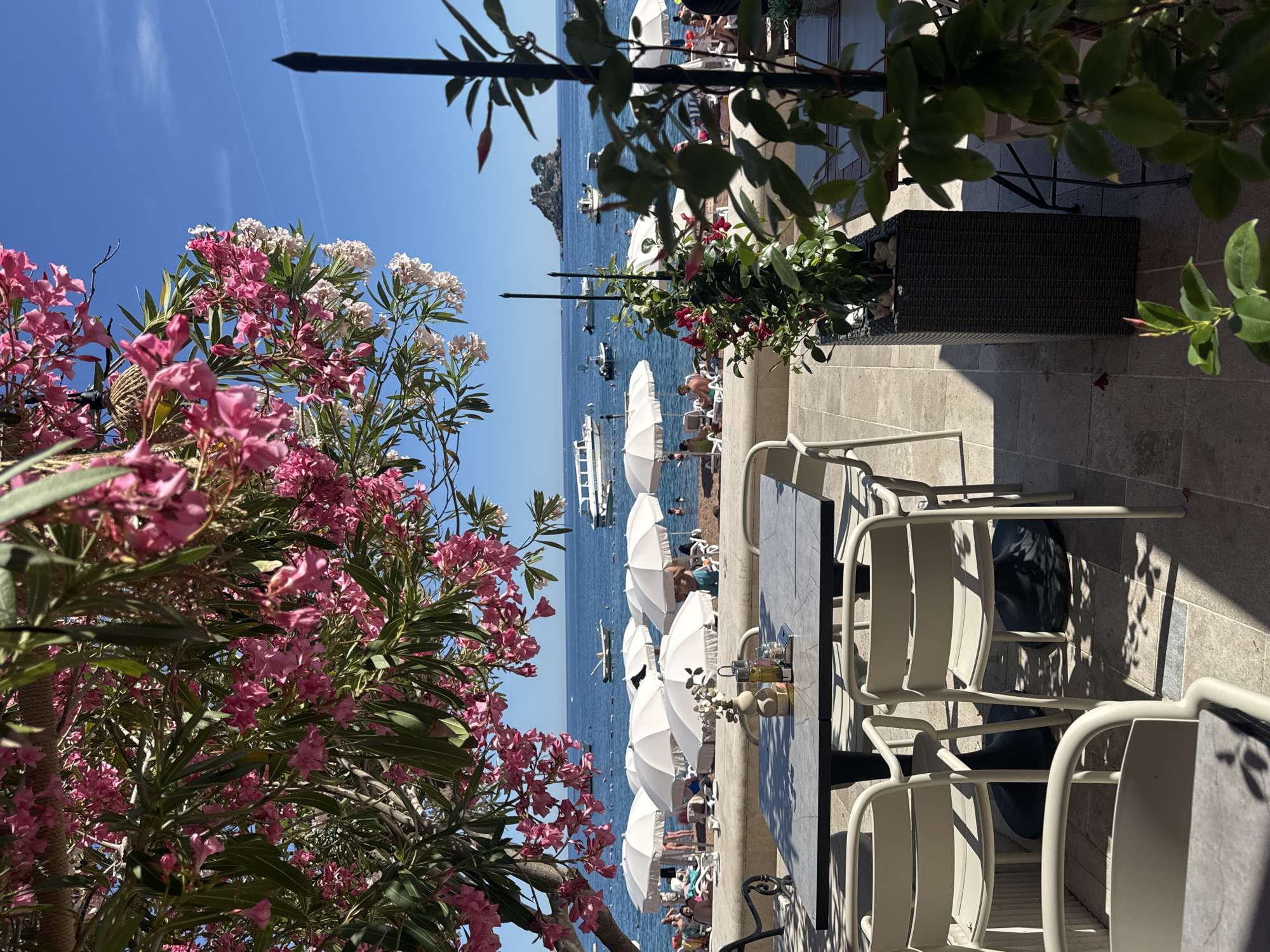 This image depicts a sunny day scene at a seaside cafe in Petrovac centar, Montenegro. In the foreground, a table and chairs are set on a tiled patio, partially shaded by flowering trees. The table holds a decorative vase with small white flowers, salt and pepper shakers, and what appears to be oil and vinegar cruets. Beyond the patio, a beach is visible with numerous white beach umbrellas and sunbathers. The calm blue sea stretches to the horizon, dotted with several boats, including a larger white passenger vessel. A small, rocky island is situated offshore. The sky is clear and blue, with faint contrails from an aircraft. The overall impression is one of a relaxed and pleasant vacation setting.