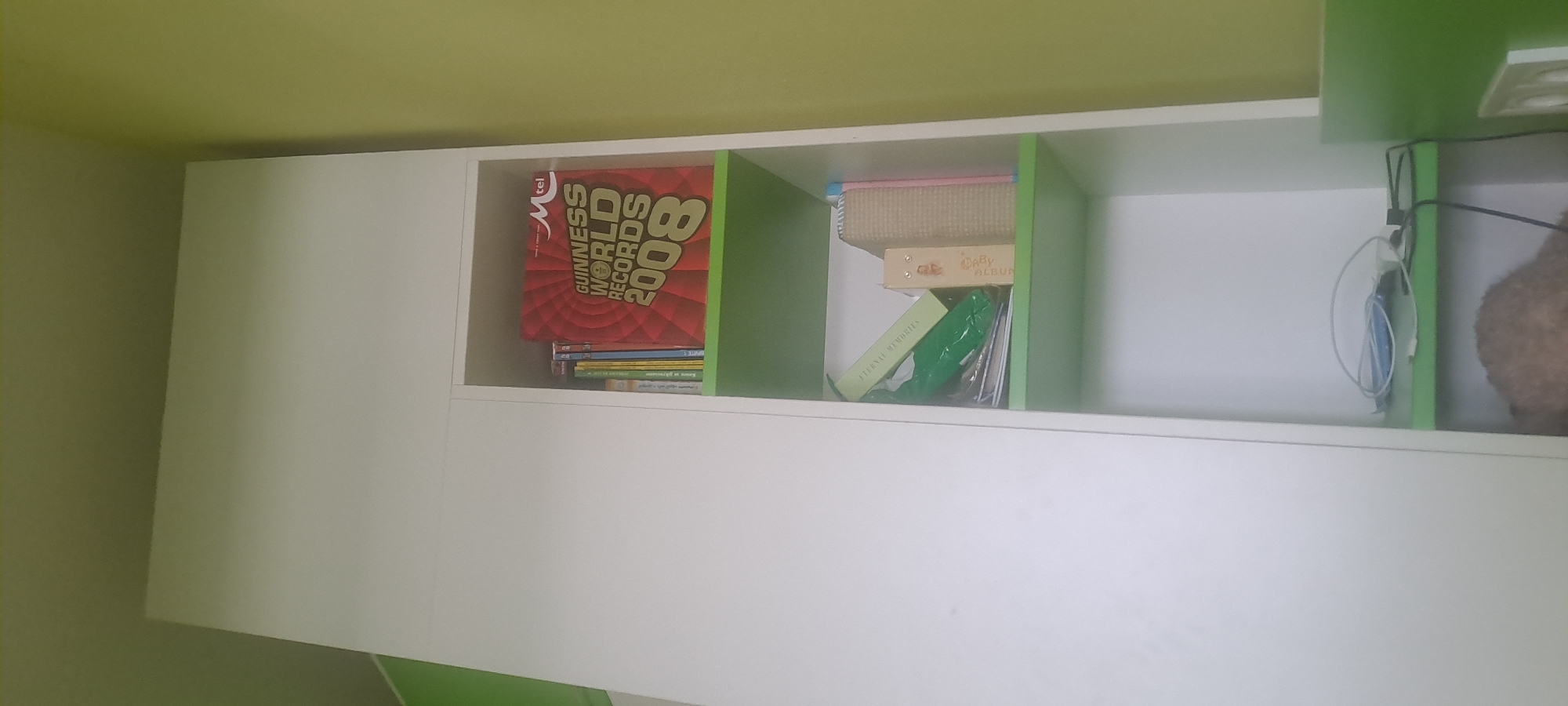 In an apartment in Burgas, Bulgaria, an off-white tall cabinet is against a lime green wall. The cabinet has several shelves. The top shelf contains a red book titled "GUINNESS WORLD RECORDS 2008" and several smaller books. The second shelf from the top holds a green packaged item, a light green book titled "ETERNAL MEMORIES," and a light brown box labeled "BABY ALBUM." The third shelf from the top has a blue object, a white cable, and other electronic accessories. A tan, furry object is partially visible on the bottom shelf of the cabinet.