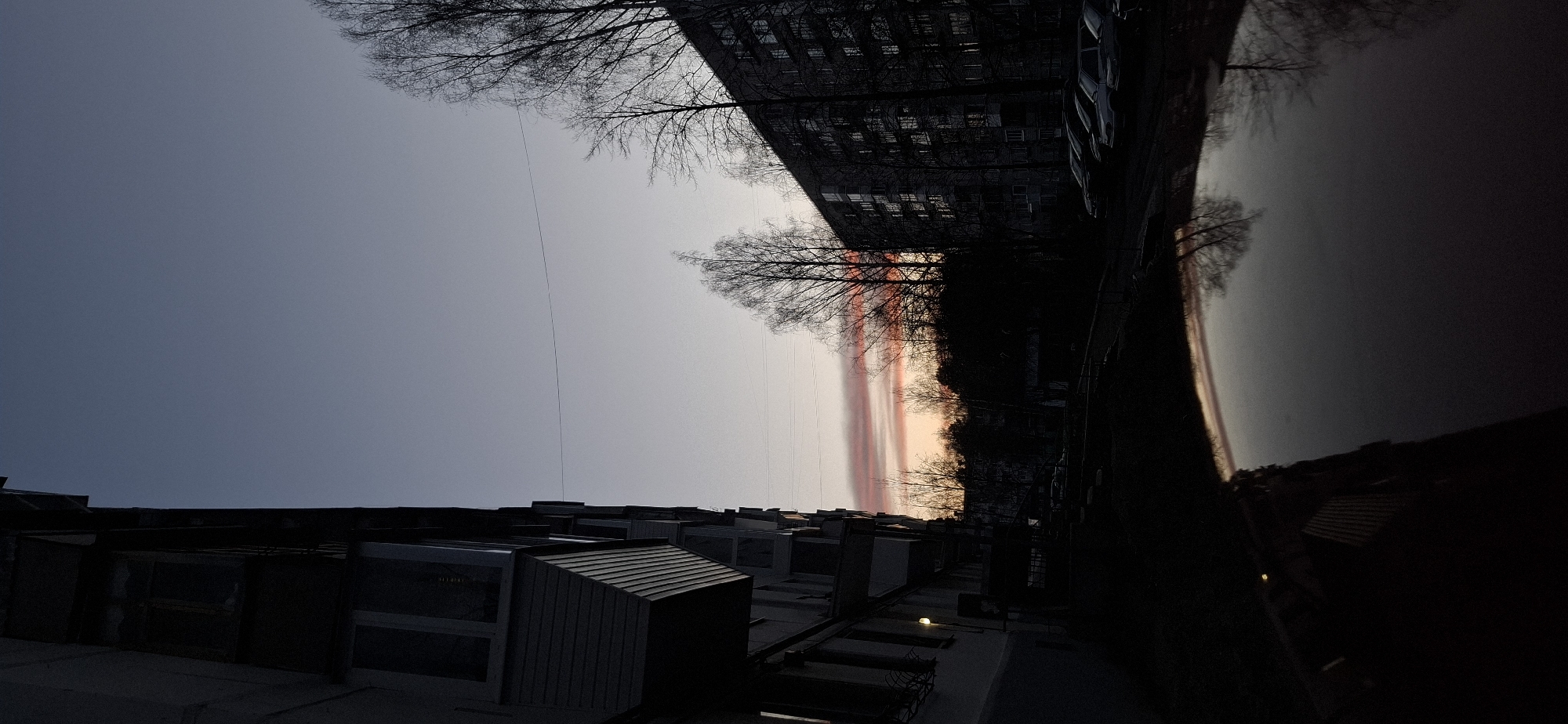 The image, correctly oriented, captures an urban or suburban landscape in Chaikovsky, Russia, at either sunrise or sunset. The sky, occupying the upper left quadrant, displays a gradient from a deep bluish-grey at the top to a striking band of orange and pink light near the horizon, indicative of dawn or dusk.
Silhouetted against this colorful sky are numerous bare-branched trees, suggesting a winter or late autumn season. On the right side of the frame, a large, dark multi-story building with numerous windows stands prominently, its details obscured by the low light conditions. In the lower left, a cluster of smaller, dark architectural structures with varied rooflines can be seen.
Thin, dark lines, likely power lines or cables, traverse the sky horizontally in the middle of the composition. The lower right portion of the image features a dark, highly reflective surface, possibly the hood of a car or a calm body of water, mirroring the faint light and colors of the sky.
The scene is devoid of any visible people or specific activity. The overall impression is one of quietude and atmospheric beauty, highlighted by the natural light phenomenon. No visible text is present in the image.