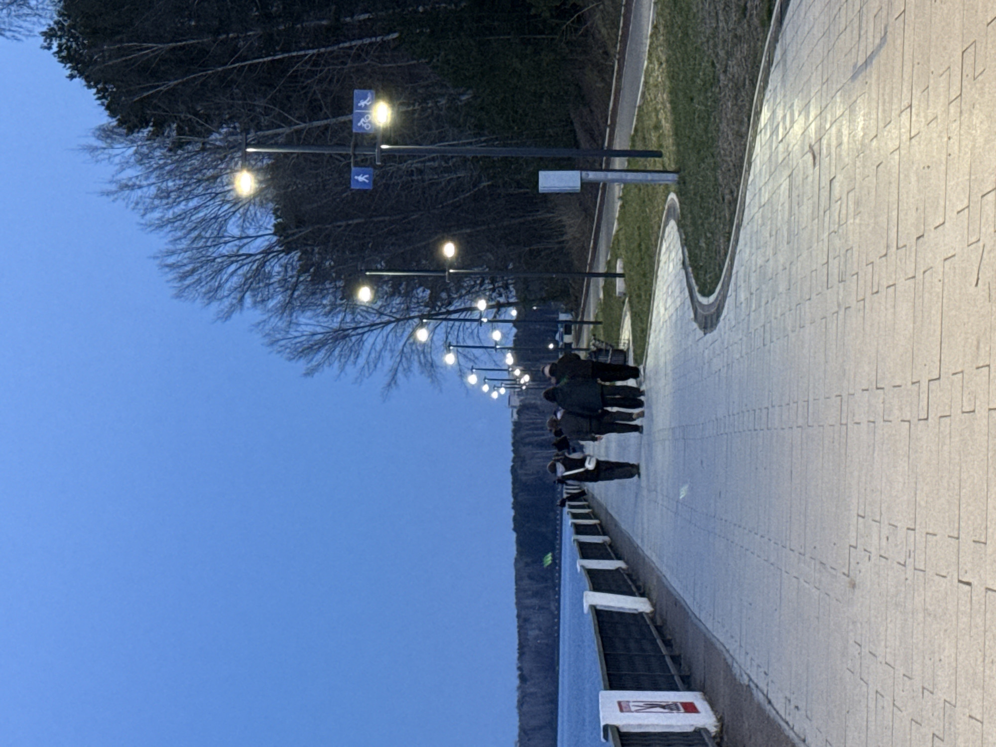 The image captures a paved walkway along the Kama River in Chaikovsky, Perm Krai, Russia. A line of people walk along the walkway, which is bordered by a metal railing on the river side and a strip of grass with trees on the other. Streetlights illuminate the path. The sky is a dusk blue.