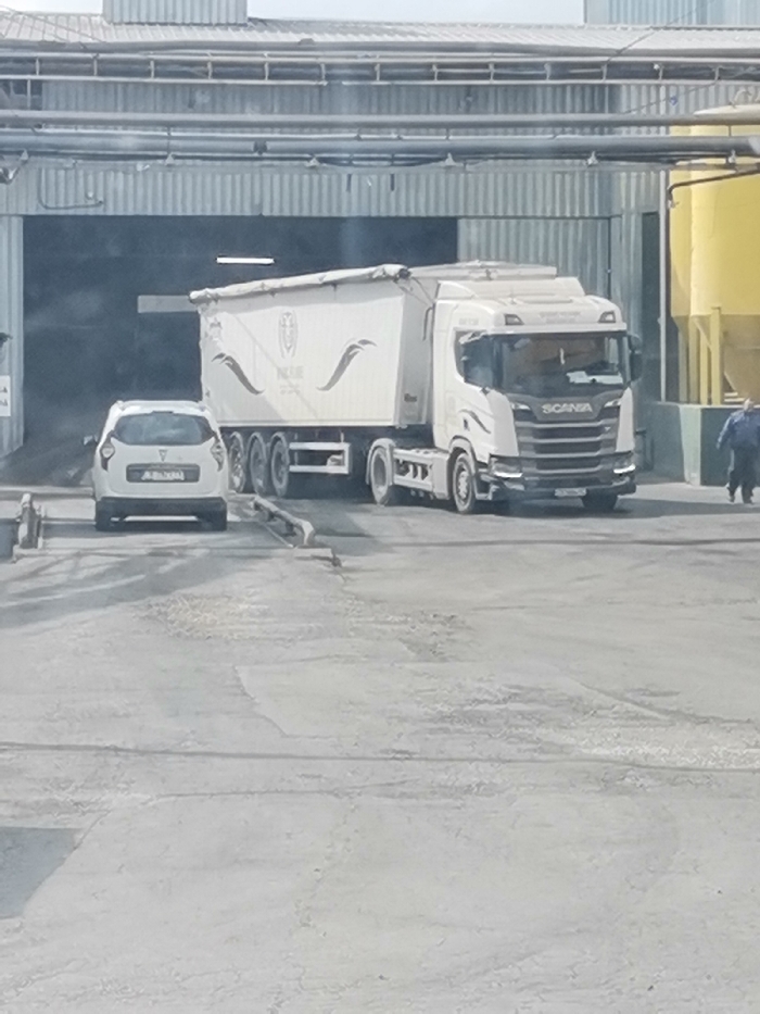 The scene depicts an industrial facility in Karapelit, Bulgaria, under daylight conditions with diffuse lighting. A white Scania semi-trailer truck with a white bulk trailer, featuring the stylized word "PALFUR" and a crest logo, is positioned in the middle right of the frame. The truck is situated near a large, dark, open bay entrance of a corrugated metal industrial building. To the left and slightly behind the truck, a white Dacia Duster SUV is stationary on a concrete platform, indicative of a weighbridge. The Duster's rear license plate, "PA 2351 XM", is legible. In the background, to the right of the truck, a large yellow industrial silo or hopper is partially visible. A single individual, dressed in dark blue workwear, is observed walking from left to right on the far right side of the frame, near the yellow silo. The ground surface is grey, worn concrete or asphalt, exhibiting dust and some minor surface irregularities. Horizontal pipes run along the exterior of the industrial building above the bay entrance.