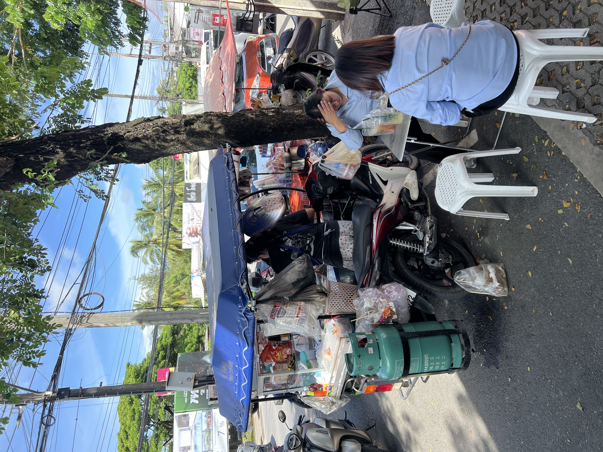 In the city of Unknown, Unknown, a street vendor's cart, adorned with a blue canopy, is positioned next to a large tree. The cart is laden with various food items and supplies, including a prominent green gas cylinder. A motorcycle is attached to the cart, serving as its mobile base. Two women are seated at a small table next to the cart, engaged in conversation while consuming drinks. One woman appears to be touching her forehead, possibly indicating discomfort or weariness. In the background, the scene is characterized by a street, other vehicles, and lush green foliage, under a bright, partly cloudy sky.