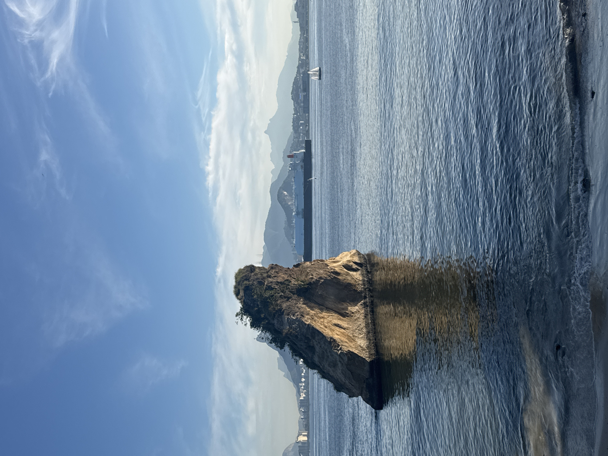 A low-angle, natural light, vertical shot depicts a large rock formation jutting out of the water with a city skyline and mountains in the background. The rock formation, located in the bay of Niterói, Brazil, is dark brown and covered in green foliage at its peak. The water surrounding the rock is deep blue with gentle ripples and a small wave breaking on a sandy shore in the foreground. In the mid-ground, a large cargo ship is visible, along with two sailboats. The background features a hazy city skyline with a prominent mountain range behind it. The sky is a clear blue with wispy white clouds.