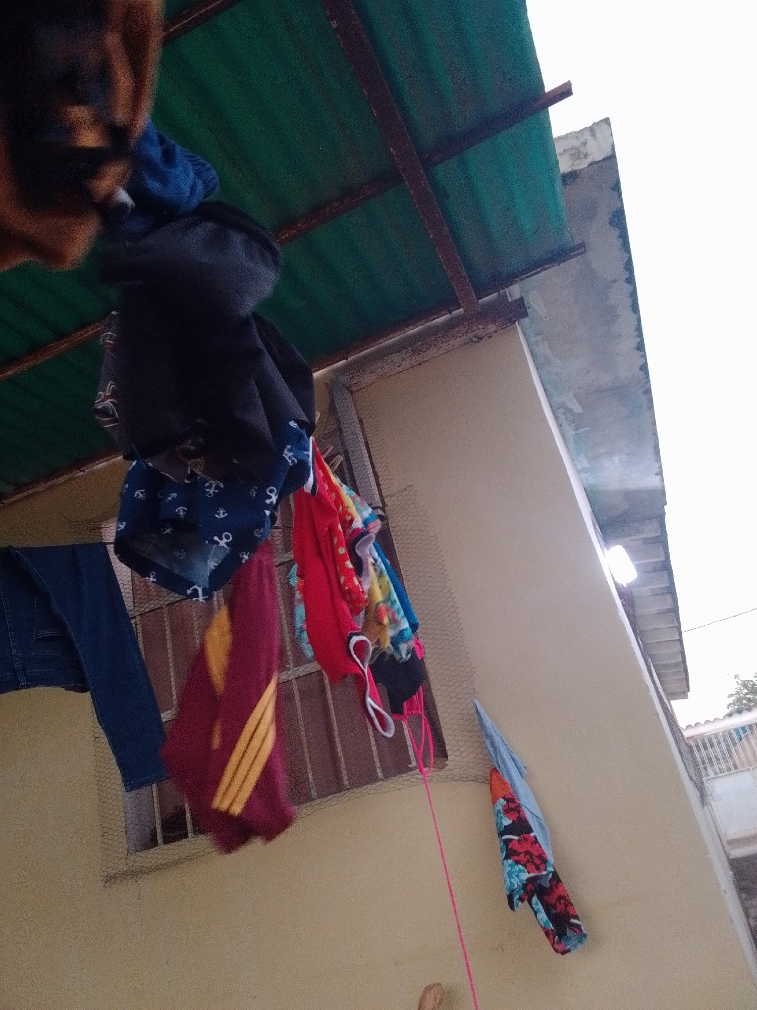 In La Tagua, Venezuela, an outdoor scene unfolds beneath a green corrugated metal roof supported by rusted metal beams. Laundry hangs on a clothesline, including a pair of dark blue denim jeans, a maroon garment with yellow stripes, a navy blue fabric with white anchor patterns, and various colorful clothing items. The laundry is suspended against a light-colored wall, with a barred window visible behind some of the clothes. A thin pink string runs diagonally across the frame. The sky is overcast and bright. Part of a dog's head and fur is visible in the upper left corner, out of focus.