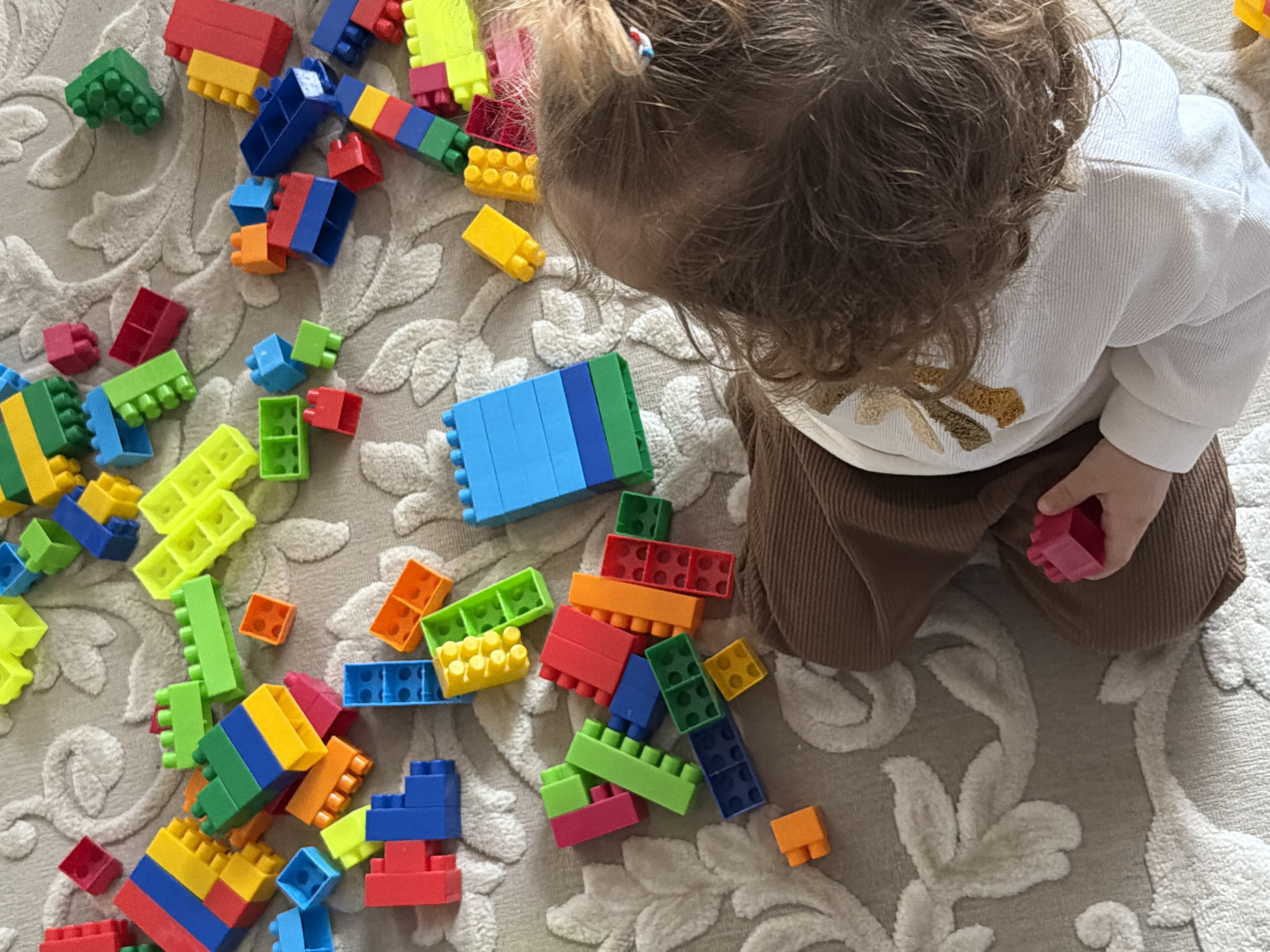 A toddler with curly brown hair is sitting on a carpet with a cream and brown floral pattern. The child is wearing a white long-sleeved shirt with a flower design on the front and brown corduroy pants. Scattered around the child are various colorful plastic building blocks of different shapes and sizes. The child is holding a red building block in their right hand.
The location is unknown and there is no reference to Chaikovsky, Russia in this image.
