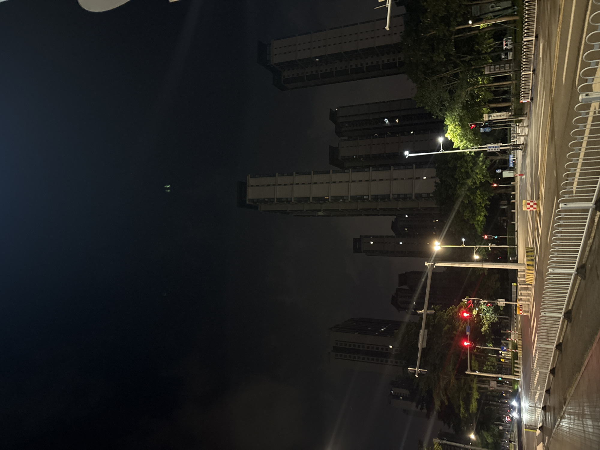 The image depicts a city street scene at night in Haizhu District, China. Tall residential buildings dominate the background, illuminated by internal lights. In the foreground, a street intersection is visible with traffic lights displaying red. A white metal fence separates the sidewalk from the road. Trees line the street, and streetlights cast a warm glow on the wet pavement. There are no visible people or vehicles in the immediate vicinity, suggesting a quiet moment in the urban landscape. The sky is dark and cloudy, with only faint hints of light pollution.