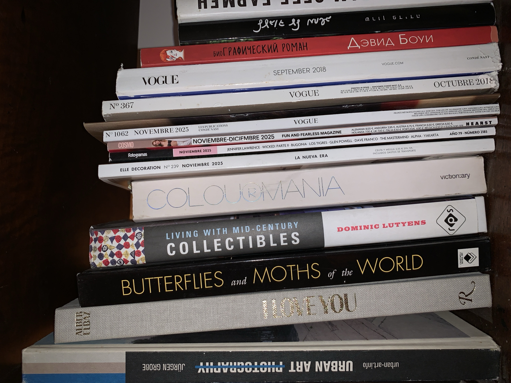 A vertical, eye-level photograph captures a tightly packed section of a bookshelf displaying various books and magazines in an indoor setting. The items rest on a dark, possibly wooden, shelf surface with a dark, uniform background above them, presumed to be in Tel-Aviv, Israel.
From left to right, visible titles include a black-spined book "URBAN ART PHOTOGRAPHY" by Jürgen Grobe; a light gray, textured book with "ALBER ELBAZ" and "I LOVE YOU" in gold lettering; a black book titled "BUTTERFLIES and MOTHS of the WORLD"; a gray-spined book "LIVING WITH MID-CENTURY COLLECTIBLES" by Dominic Lutyens; and a light-colored book "COLOURMANIA" by Viction:ary.
A sequence of magazines follows, including "ELLE DECORATION N°239 NOVIEMBRE 2025," a partially visible "COSMO," and a "N° 1062 NOVIEMBRE 2025" magazine. Several "VOGUE" magazines are present, dated September 2018, October 2018, and more recent issues from 2025, some noting pricing for various European countries. A red-spined book features a graphic of David Bowie and is titled "БИОГРАФИЧЕСКИЙ РОМАН" (Biographical Novel) in Russian. Adjacent to this is a black-spined book with white, handwritten-style text appearing to be Hebrew script, followed by a partially visible white-spined book.
No individuals or dynamic actions are depicted. The scene is static, showcasing a diverse collection of print media in multiple languages, suggesting either a personal library or a retail display.