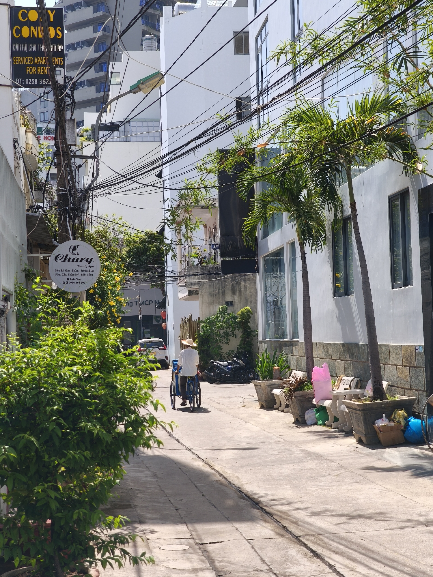 The image depicts a street scene in Nha Trang Ward, Vietnam. A person wearing a white hat and shirt is riding a blue, three-wheeled vehicle with a cargo area in the back, moving away from the camera down a paved street. The street is flanked by buildings on both sides. On the right side of the street, there is a modern white building with large windows, and palm trees are planted in large rectangular planters along the sidewalk. Various objects, including pink and white plastic bags, a brown cardboard box, and blue plastic bags, are placed on the sidewalk near the planters. On the left side of the street, there is a building with a circular sign for "Chary Beauty Spa" hanging from a pole. Above the spa sign, a black sign with yellow text advertises "COPY CONDO" and "SERVICED APARTMENTS FOR RENT". Dense foliage from a large green bush partially obscures the lower left portion of the image. Overhead, a complex network of electrical wires is visible, crisscrossing the street and obscuring parts of the buildings. The sun is shining, casting shadows on the pavement.