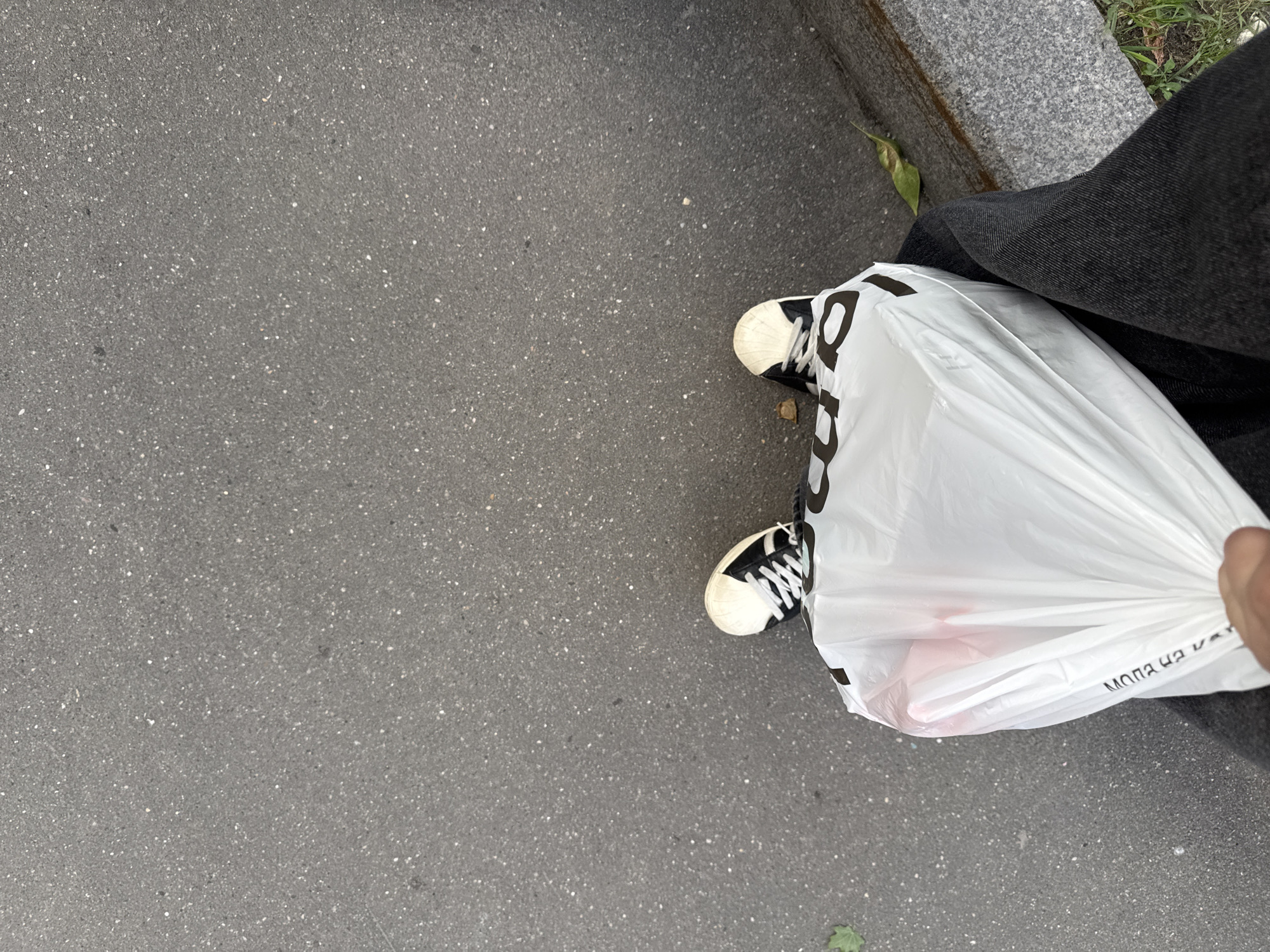 The image shows a person's legs and feet wearing black and white sneakers, standing on a grey asphalt surface, likely a sidewalk. The person is holding a white plastic shopping bag, which appears to contain some pink items. The bag has black lettering on it. To the right, there is a stone curb with some grass and fallen leaves. The scene is outdoors, suggesting a street or park environment in a city. There are no specific landmarks or contextual clues in the image that would allow for the precise identification of the city or location within Moscow, Russia.