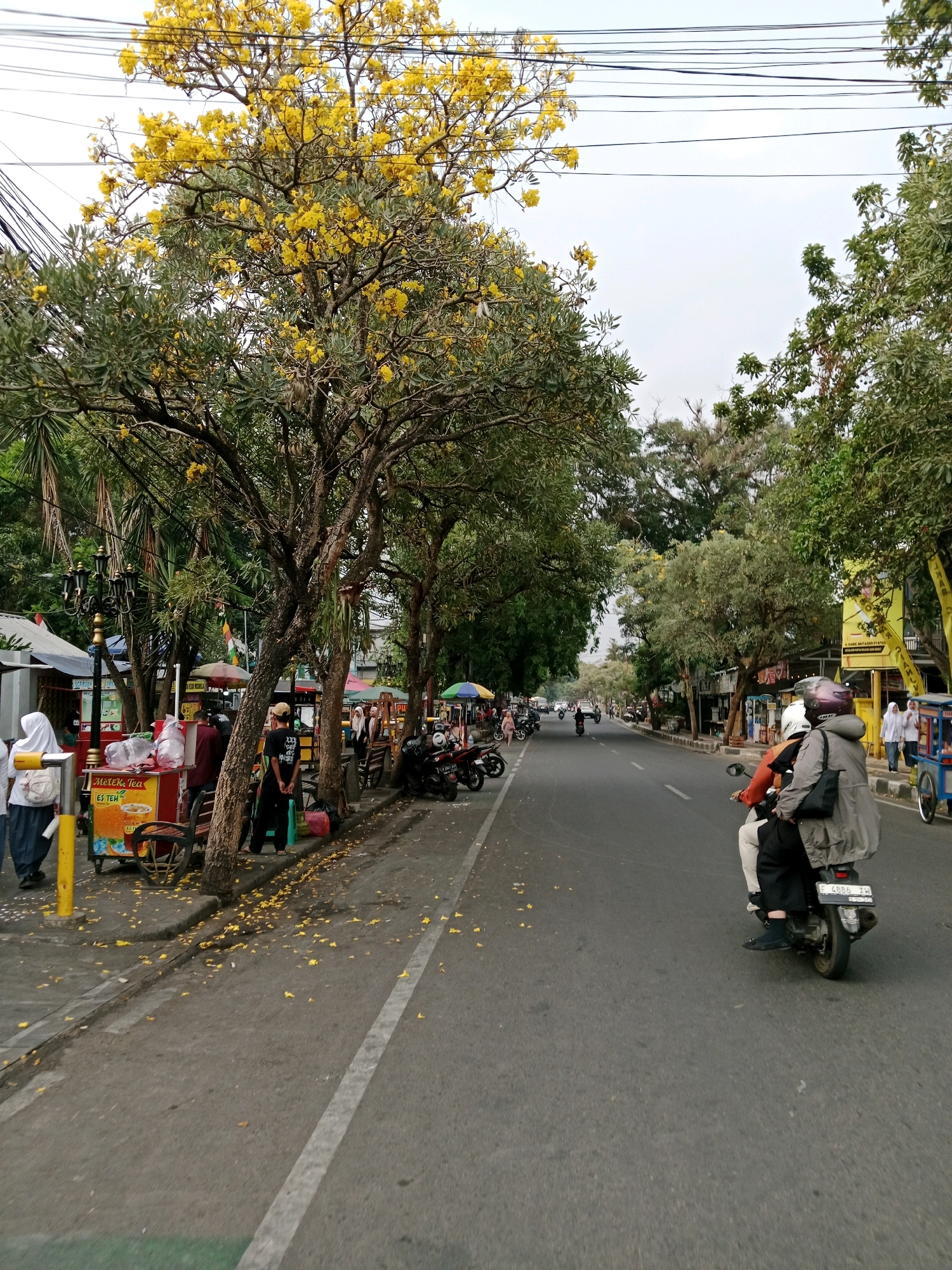 The image depicts a street scene in Cianjur, Indonesia, with a prominent tree featuring yellow blossoms on the left side of the frame. The street is paved and appears to be a public thoroughfare with a sidewalk lined with food stalls and vendors. Several people are visible; one person wearing a white hijab and light-colored clothing walks on the sidewalk, while another individual in dark clothing stands near a food cart. A couple is riding a motorcycle on the right side of the street, with the passenger wearing a grey jacket and a helmet. The background shows more trees and buildings, suggesting an urban or semi-urban environment. The overall atmosphere appears to be that of a bustling street during the daytime. Fallen yellow petals are scattered on the sidewalk and road, indicating the presence of blooming trees. Overhead power lines are visible against the overcast sky.