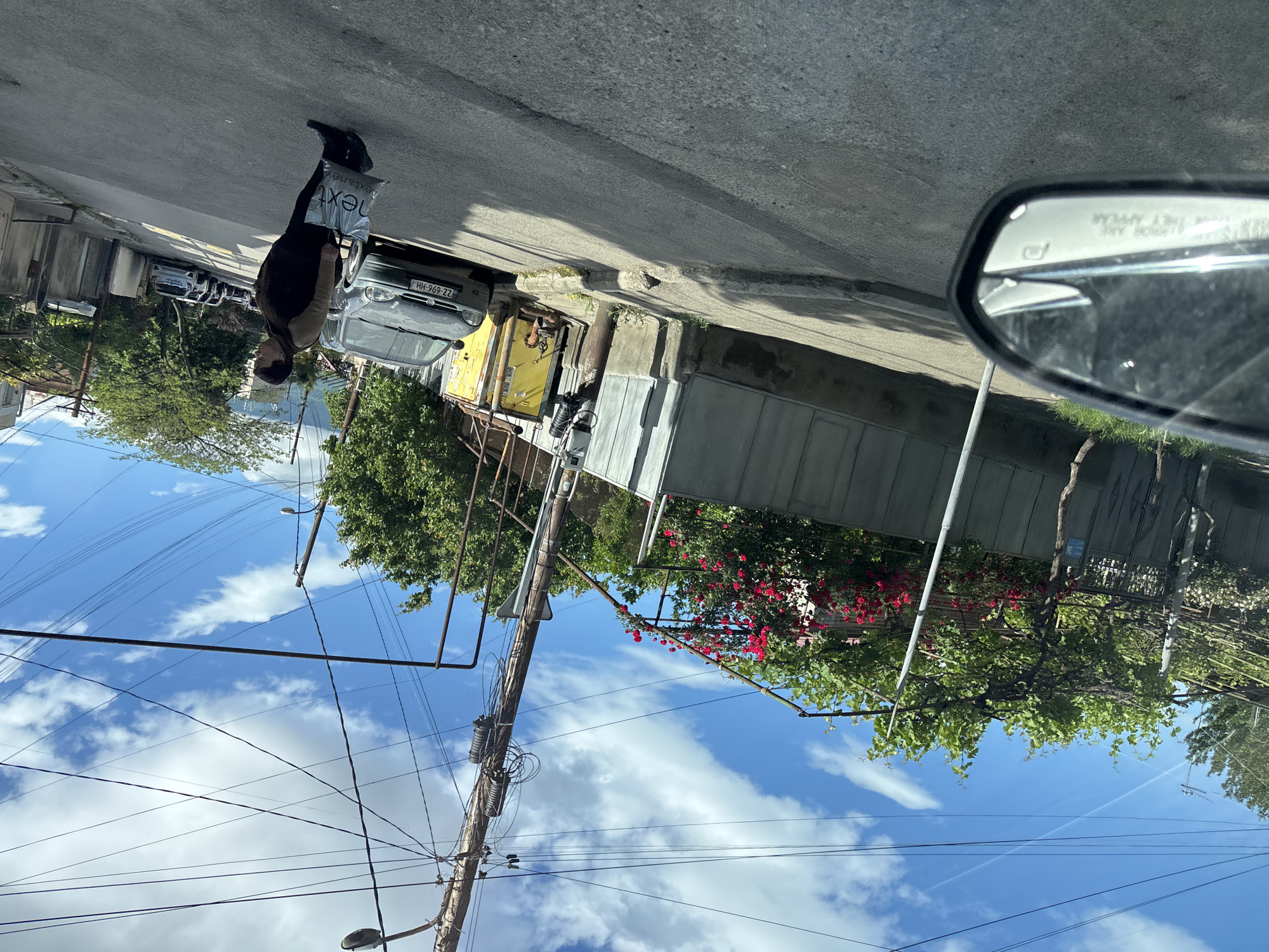 A street scene in Tbilisi, Georgia, photographed from inside a vehicle, possibly a car, with the side mirror visible. A woman is walking on the side of the street, carrying a shopping bag with the word "Next" on it. A parked car with the license plate "HH-969-ZZ" is visible on the right side of the street. The street is lined with buildings, trees, and power lines against a blue sky with scattered clouds. Some of the houses have climbing flowers and vines on their exterior. Yellow utility boxes are also along the street.