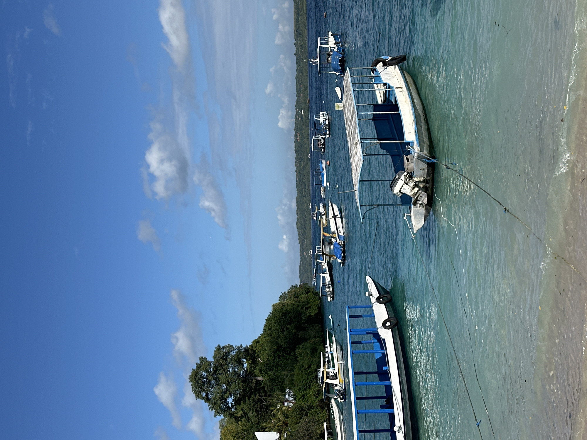 This image depicts a coastal scene, likely in Nusa Penida, Indonesia, based on the boats' style and the landscape. Several boats, primarily white and blue, are moored near a sandy beach. The water is clear and turquoise, suggesting a shallow depth near the shore. The background includes lush green vegetation and a clear blue sky with scattered white clouds. The boats are various sizes, and some feature sunshades or canopies. A few mooring lines are visible, connecting the boats to the shore. There are no people visible in the image.