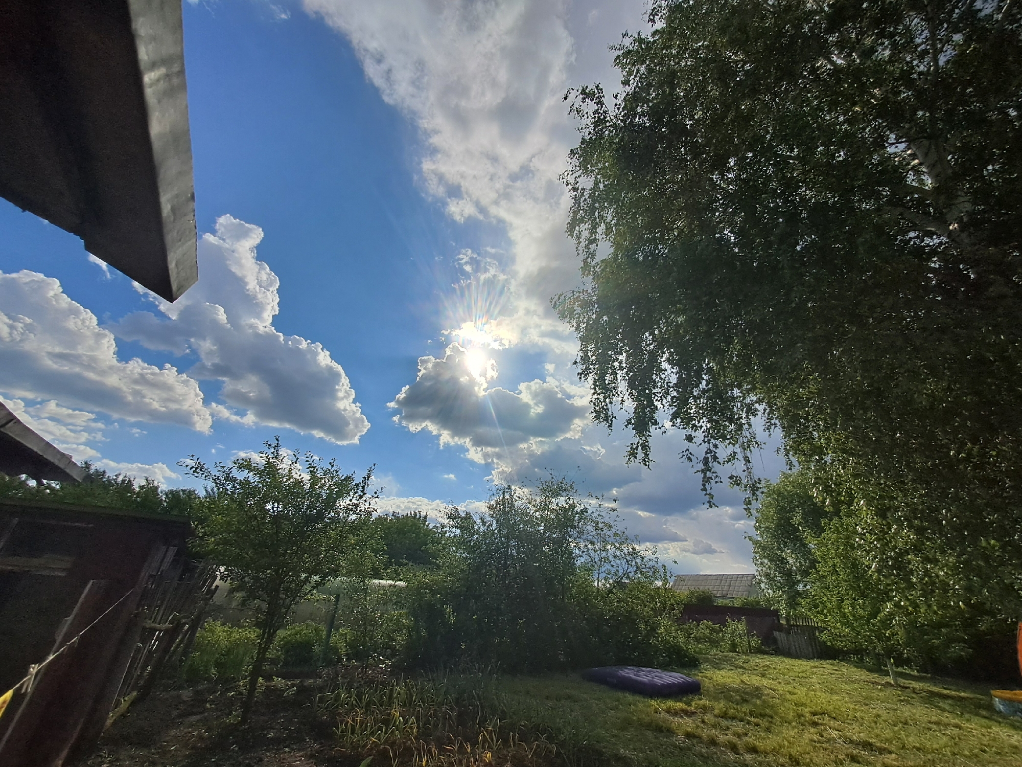 This image presents a vibrant, sunlit outdoor scene, characteristic of a garden or backyard in Polanki, Russia. The upper half is dominated by a bright blue sky filled with picturesque white cumulus clouds. The sun, shining brightly from behind a cloud in the upper middle, creates striking crepuscular rays that extend across the sky.
In the foreground, a dark, angular structure, possibly a roof overhang or part of a building, is visible in the upper left corner. The right side of the frame is filled with the dense green foliage of a large, leafy tree, likely a birch, whose branches extend from the top and right.
The midground features lush greenery. On the left, smaller trees and bushes stand near what appears to be a rustic wooden structure or fence. The ground below transitions from a patch of cultivated earth with emerging green shoots to a well-maintained grassy area. A dark purple inflatable object, possibly a mattress or a pool float, lies on the grass in the mid-right.
In the background, more trees and the subtle outlines of distant building roofs can be seen, suggesting a rural or semi-rural setting. The overall atmosphere is one of natural beauty and peacefulness. The bright sun and scattered clouds indicate a clear and pleasant day, likely late morning or early afternoon. There is no visible text in the image.