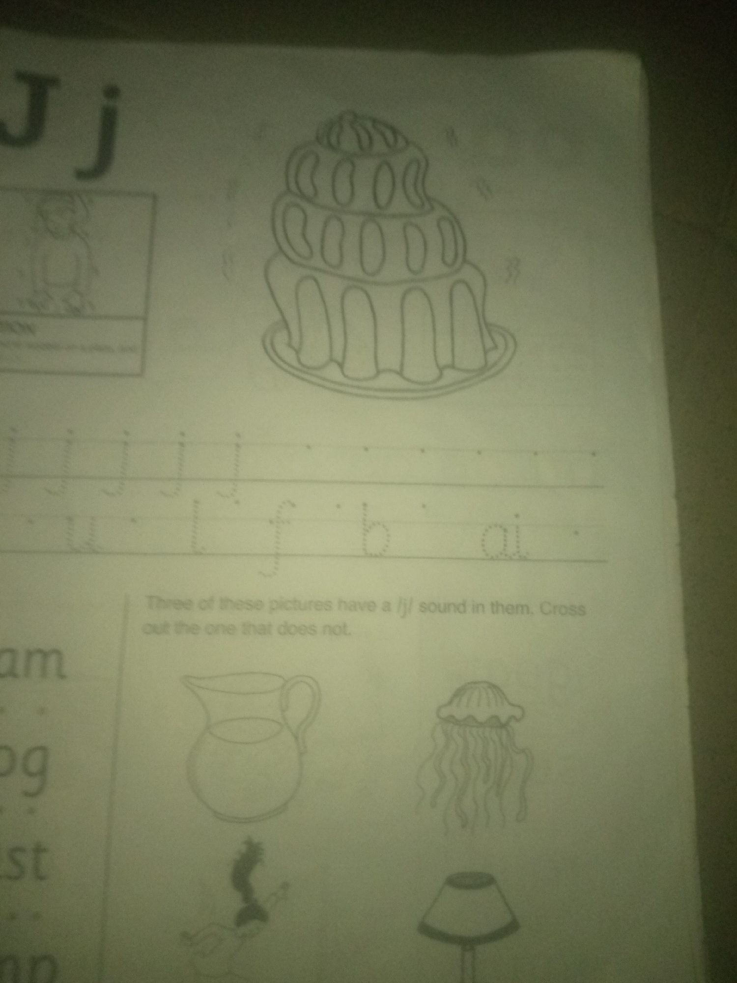 This media file is a close-up shot of a page from a children's educational worksheet, likely for early literacy. The page is mostly white with black line drawings and printed text.
The top left corner features large capital and lowercase 'J's, suggesting the focus is on the letter J. To the right of the letters is a drawing of a layered dessert, possibly a cake or a jelly mold, with decorative elements on top. Below the letter 'J's, there is a small, faint line drawing of a person.
The middle section of the page contains dotted outlines of lowercase letters, including 'j', 'u', 'f', 'b', and 'ai'. This indicates an activity where children are meant to trace these letters. Below the tracing lines, there is a sentence of instruction in printed text: "Three of these pictures have a /j/ sound in them. Cross out the one that does not."
The bottom section displays three line drawings of objects: a pitcher, a jellyfish, and a lamp. These are the pictures referred to in the instructions. On the left side, partially visible, are more words, including "am", "og", "st", and "mp", likely part of a larger vocabulary or word-building exercise.
The lighting in the image is somewhat dim, and there are some shadows, suggesting the photo was taken indoors, possibly in a room with ambient light. The overall tone is educational and geared towards young children learning the alphabet and phonics. There are no explicit clues about the time of day, weather, or specific location beyond it being an educational context. The provided location context "Jauro Yinu, Nigeria" is not visually apparent in the image itself.