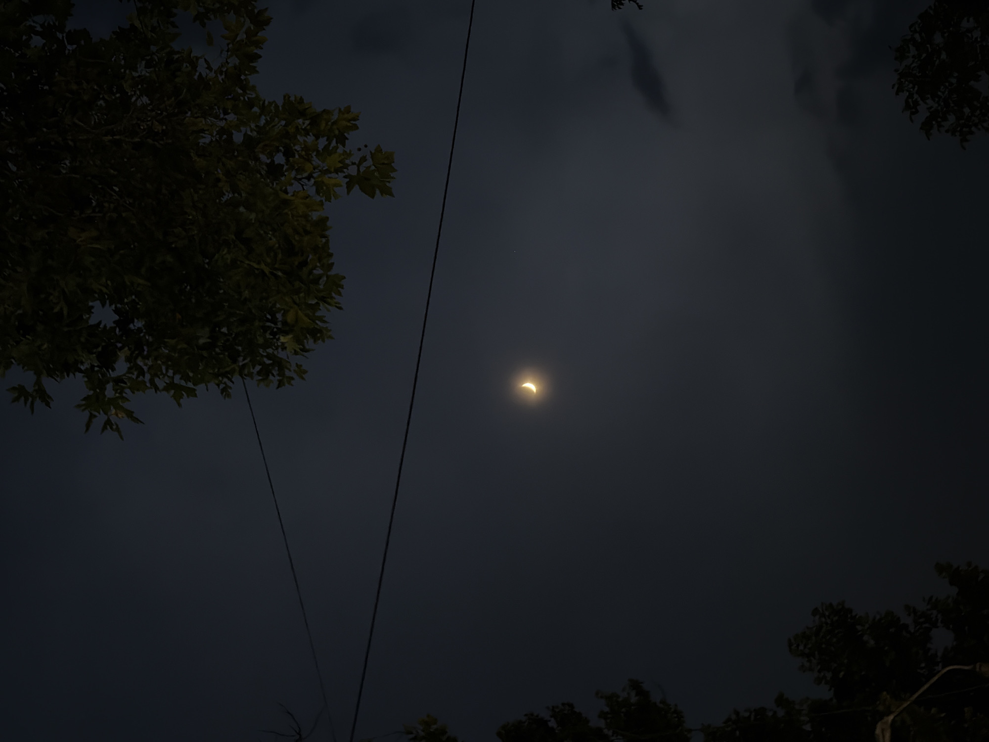The image depicts a night sky in Chirchik, Uzbekistan. A crescent moon is visible, casting a faint glow in the dark, cloudy sky. Overhead, the dark silhouettes of tree branches and leaves frame the top of the scene. A thin, dark power line stretches horizontally across the upper portion of the image, partially obscuring the sky. The overall impression is of a serene, quiet night in an outdoor urban or suburban setting.
