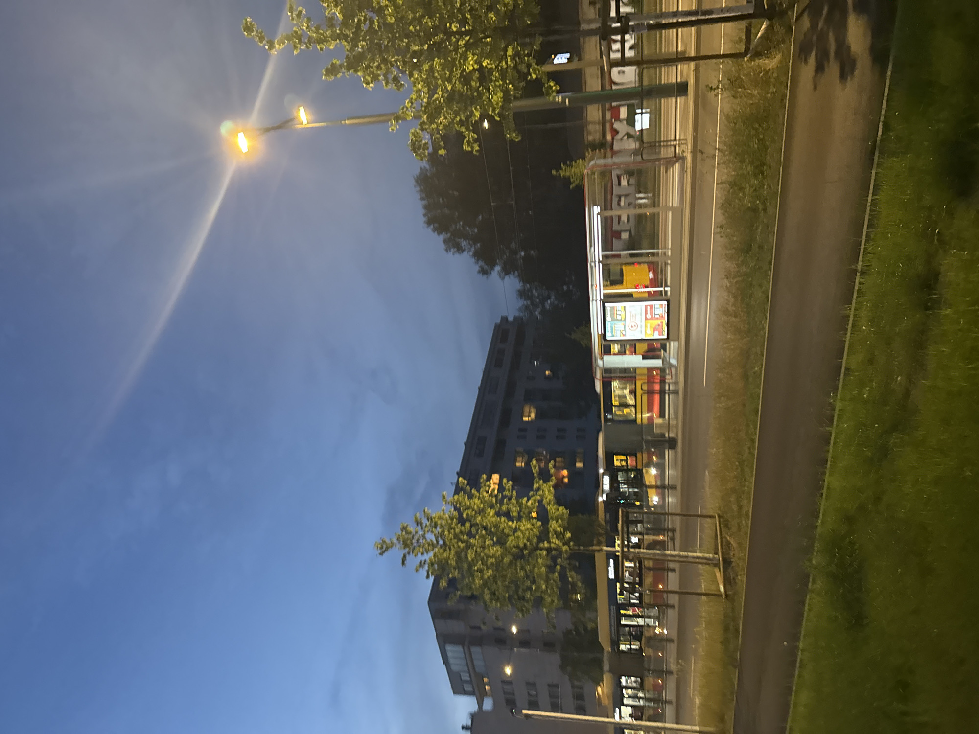 An exterior, eye-level, medium shot captures a street scene at dusk in an unknown city. The sky is a deep blue with wispy clouds. A tall street lamp with two illuminated bulbs stands in the right foreground, casting a bright glare and lens flare across the sky. To its left, a bare tree with sparse green leaves grows tall. Behind the tree, a modern, multi-story building with many windows dominates the background. A tram station is visible in the mid-ground, with yellow and red trams stopped at the platform. The station features a glass-paneled shelter and advertising displays. A paved path runs in front of the tram station, and a grassy area with some weeds is to the left of the path. A dark asphalt pathway for cyclists or pedestrians is in the left foreground, bordered by a strip of green grass.