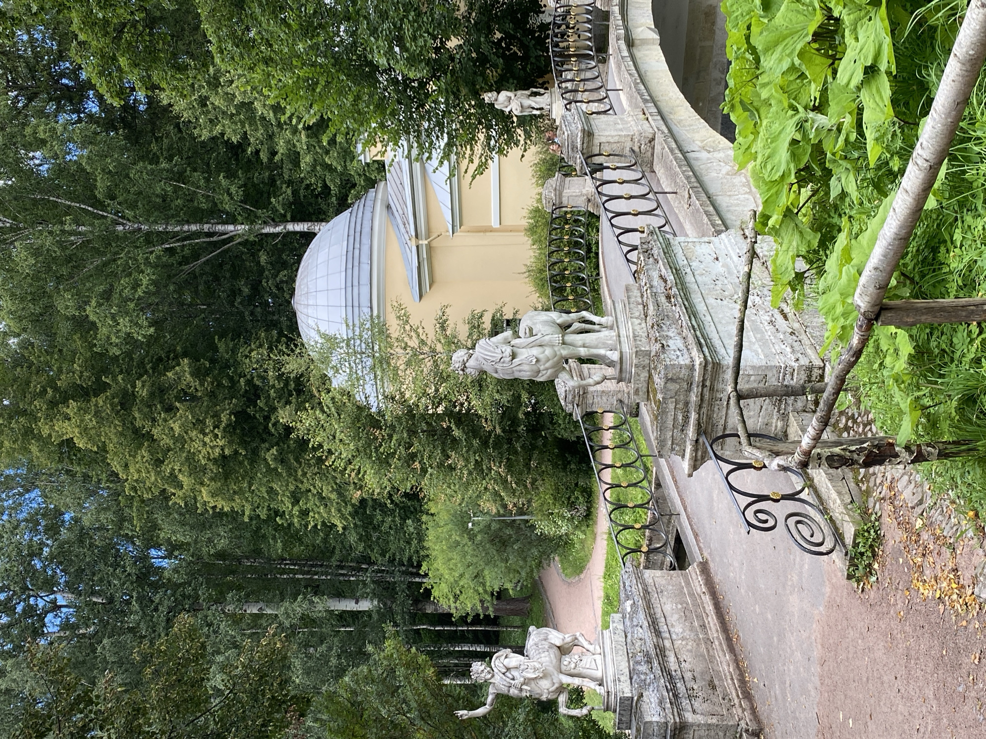 The image shows a bridge with classical sculptures in Pavlovsk, Russia. The bridge is made of stone and has an arched structure. On the left side of the bridge, there is a white stone sculpture of a centaur with a raised arm. On the right side, there is another white stone sculpture of a seated figure on a horse. The bridge is decorated with a black metal railing featuring gold circular ornaments.
Behind the bridge, a light yellow building with a domed roof is visible, surrounded by lush green trees and foliage. A pathway curves through the park, leading towards the building. The ground around the bridge is covered with gravel and fallen leaves.
In the foreground, large green plants with broad leaves are present. The overall scene depicts a picturesque park setting, likely part of the Pavlovsk Palace and Park ensemble.