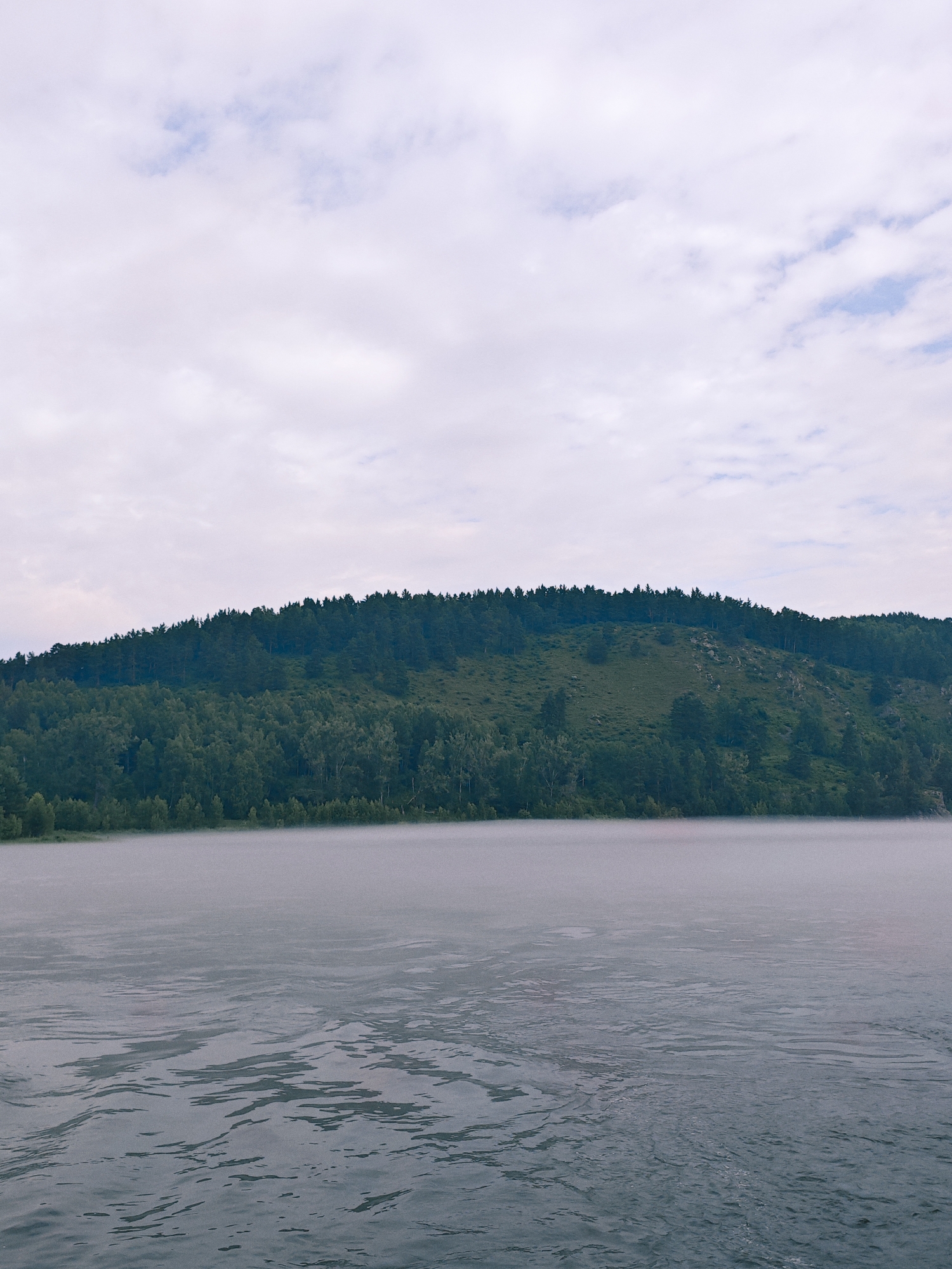 The image depicts a serene landscape scene, likely taken from a body of water, looking towards a forested hill. The foreground is dominated by the surface of the water, which is slightly rippled and appears to be a greyish-blue color. A thin layer of mist hovers just above the water's surface, obscuring the immediate shoreline.
The midground features a dense, dark green forest that covers the entire slope of a rolling hill. The trees appear to be a mix of coniferous and deciduous species. The hill itself is gently sloped and appears to be covered in grass and smaller vegetation in some areas.
The background consists of a cloudy sky. The clouds are predominantly white with some hints of light blue peeking through. The overall lighting suggests it could be early morning or late afternoon, or a generally overcast day.
There are no people or man-made structures visible in the image. The scene conveys a sense of natural beauty and tranquility. Given the location is the city of Atamanovo, Russia, this scene is likely a natural setting within or near the city, possibly a river or lake.