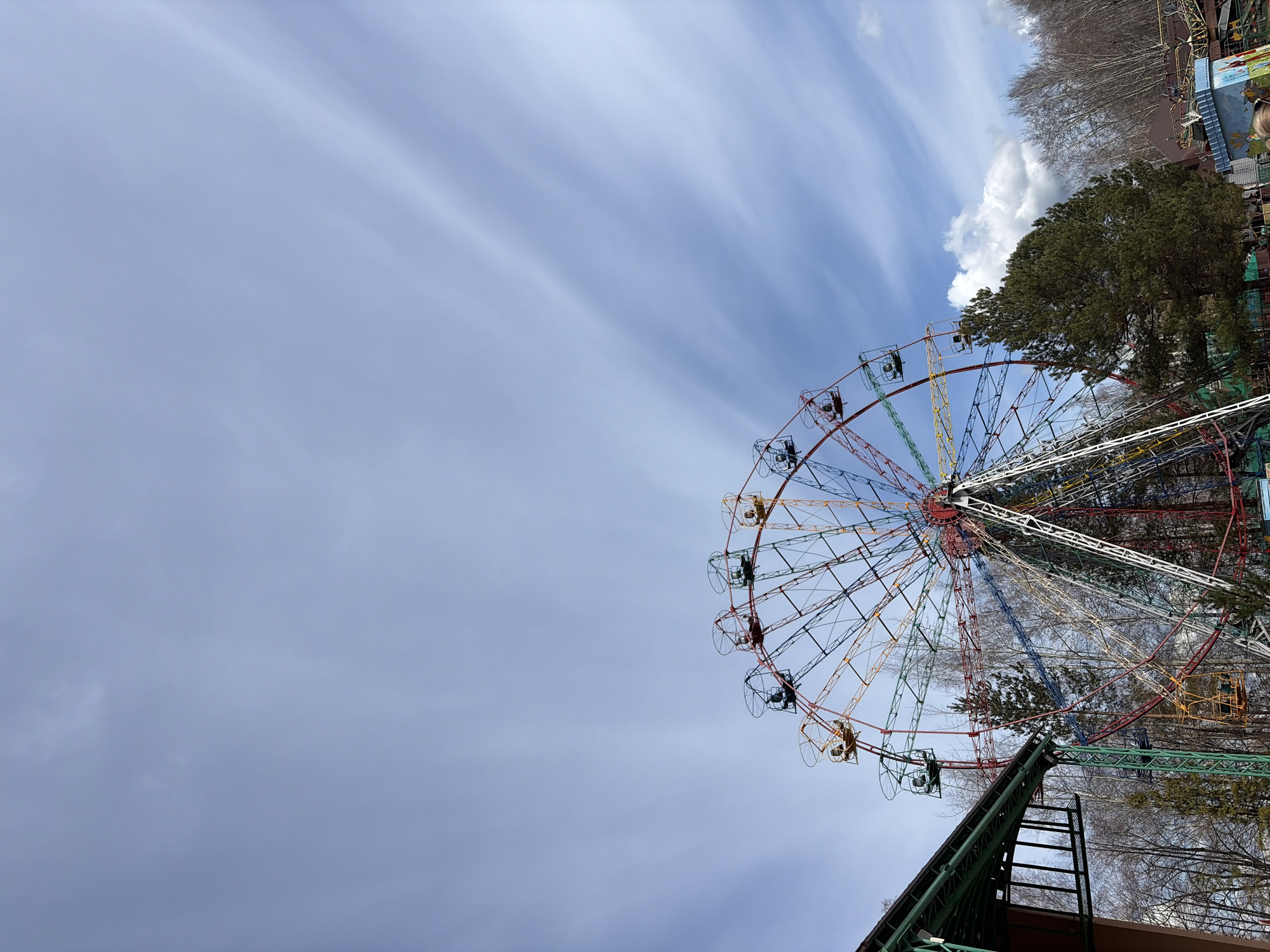 A large, multi-colored Ferris wheel stands prominently in an amusement park in Chaikovsky, Russia, captured under a vast sky. The Ferris wheel, appearing to be an older model, features a intricate metal framework painted in vibrant hues of red, blue, green, yellow, white, and dark tones. Numerous empty gondolas hang from its circumference.
The sky occupies the majority of the upper and left parts of the frame, displaying a pale blue color streaked with long, wispy white clouds, suggesting a partly cloudy day. A denser, brighter white cloud mass is visible towards the upper right. Surrounding the base and behind the Ferris wheel are various trees; some are evergreen with green foliage, while others are deciduous with bare branches, indicating a late winter or early spring season. Hints of other structures and buildings are visible through the trees in the background.
In the lower right foreground, a green metal structure, possibly part of the ride's base or an access ramp, extends diagonally upwards. No people are clearly visible on the ride or in its immediate vicinity, suggesting the Ferris wheel may be closed or not in operation at the time. There is no legible text visible in the image. The scene conveys a quiet, possibly off-season, atmosphere in an outdoor park setting.