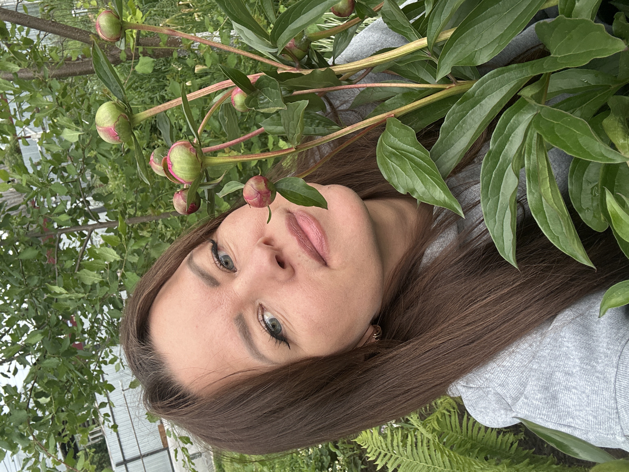A portrait photograph, rotated 90 degrees clockwise, features a woman surrounded by lush green foliage and peony flower buds in Chaikovsky, Russia. The woman, appearing to be in her 30s, has fair skin, long, straight, dark brown hair, and light-colored eyes. She wears black eyeliner and mascara, with defined eyebrows and light pink lipstick on her full lips. Her expression is calm and neutral as she looks towards the viewer. She is dressed in a light gray, possibly heathered, crew-neck sweatshirt.
Several unopened peony buds, green with pinkish-red tips, are prominently positioned around her head and upper body, appearing to rest among her hair and on her shoulder. These buds are attached to thick stems adorned with large, elongated green leaves, which also frame the woman's face and hair. In the background, beyond the dense greenery, glimpses of other leafy trees and a structure resembling a greenhouse or building with white, possibly corrugated, siding are visible. The setting appears to be an outdoor garden or natural area, captured in soft, natural daylight, suggesting either an overcast day or a shaded location. There is no visible text in the image.