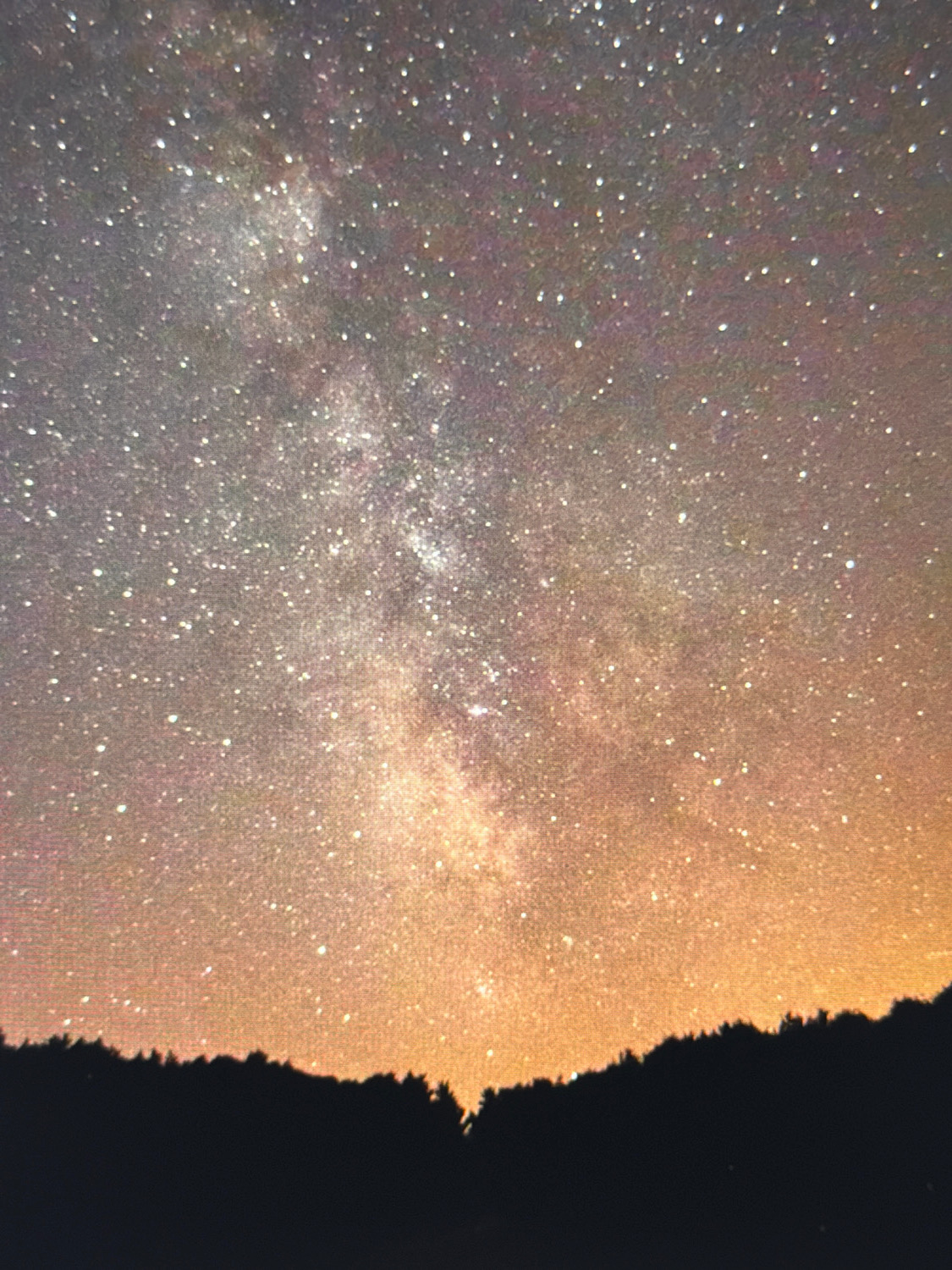 The image displays a silhouette of a forest canopy against a vibrant night sky, dominated by the Milky Way. The sky transitions from a deep, star-filled expanse at the top to a warm, orange-yellow glow near the horizon, likely indicating light pollution or twilight. Numerous stars are visible across the frame, with the central band of the Milky Way clearly discernible. The foreground is a dark, jagged silhouette of trees, suggesting an outdoor setting, possibly in a rural or natural area. There are no people or specific identifiable landmarks visible. Given the prompt's request for a location in Kafr Yasif, Israel, this scene could represent a nighttime view from the outskirts of the city, where the natural light of the stars contrasts with the ambient light of the urban area.