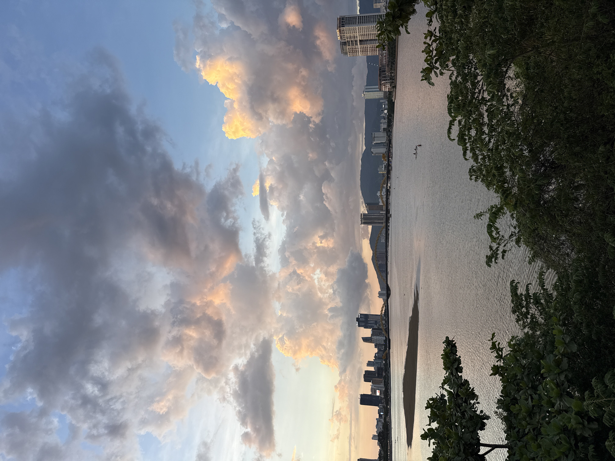 This image captures a panoramic view of the Hàn River in Đà Nẵng, Vietnam, at dusk. The sky is dramatic, filled with large, billowy clouds illuminated by the setting sun, casting warm hues of pink and orange. A city skyline stretches across the horizon, featuring numerous modern buildings and skyscrapers. The most prominent structures include the Dragon Bridge, a distinctive yellow bridge, and the residential tower "The Pointe" on the right side of the frame. The river itself is calm, reflecting the sky and city lights, with a small sandy islet visible in the foreground. In the distance, mountains form a backdrop to the city. The foreground is dominated by dense, dark green foliage, framing the lower edge of the image and suggesting the viewpoint is from a higher elevation overlooking the river and city. Two small boats, possibly kayaks or small fishing vessels, are visible on the water.