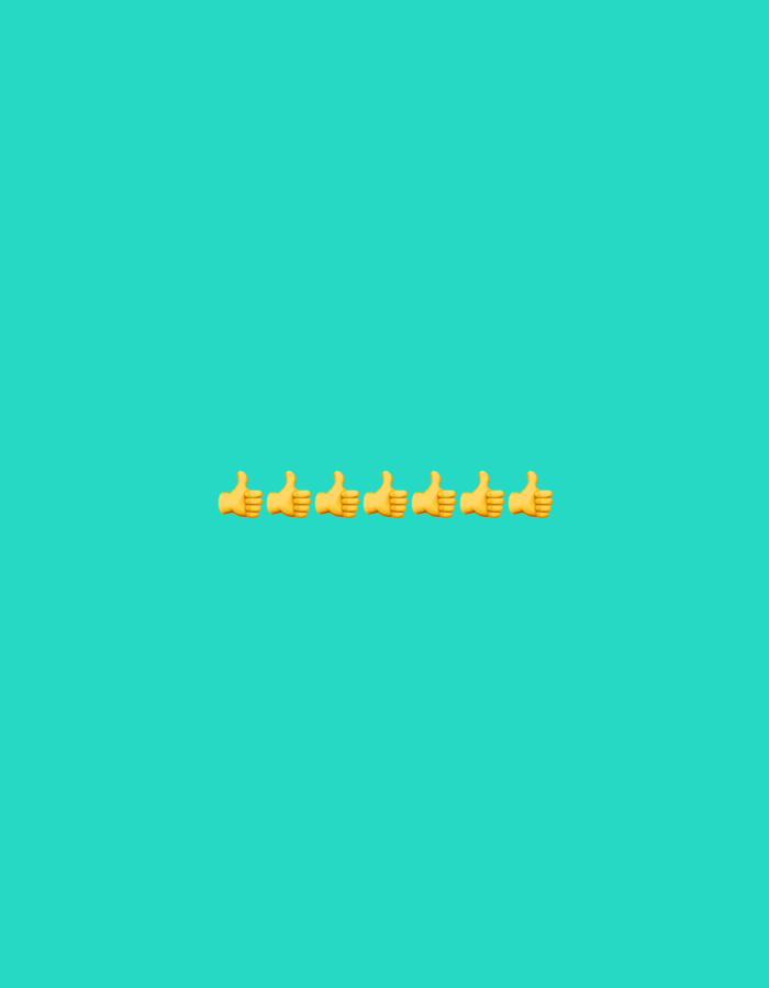 The image displays a flat design with a bright turquoise background. Centered horizontally and positioned in the lower third of the frame is a row of six yellow "thumbs up" emojis. Each emoji is identical and evenly spaced. The image does not contain any elements that would indicate a location in the city of Gorzow, Poland, or any urban environment.