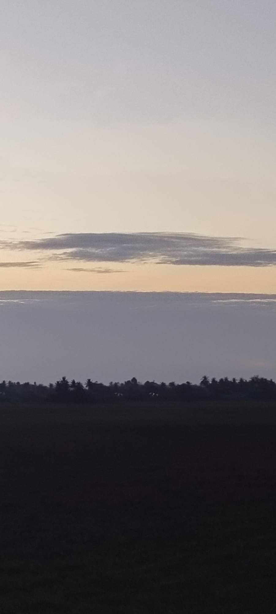 The image depicts a landscape at dusk or dawn in what could be Cotgapu, Indonesia. The sky is layered with different shades of light, from pale grey at the top to a darker, cloudier band closer to the horizon. Thin, elongated clouds are present, adding texture to the sky. Below the sky is a silhouetted treeline. In the foreground is a dark, indistinct field. The overall scene suggests a rural area during a transitional time of day.