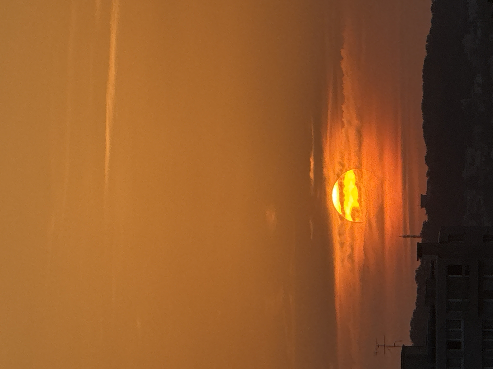 A vertical, eye-level, full shot captures the setting sun partially obscured by wispy clouds, casting an orange glow over a city skyline at dusk. The sun, a bright orb of yellow and orange, is centered horizontally in the frame and positioned in the lower third, its brilliance dimmed by hazy clouds. The sky above is a uniform expanse of warm orange hues. Below the celestial display, a silhouetted cityscape unfolds. In the foreground, the dark shapes of buildings, possibly apartments, with visible windows and chimney-like structures, anchor the bottom of the image. A faint, dark ridge of trees or hills forms a backdrop to the urban elements. The overall impression is one of a peaceful, natural phenomenon occurring within an urban environment.