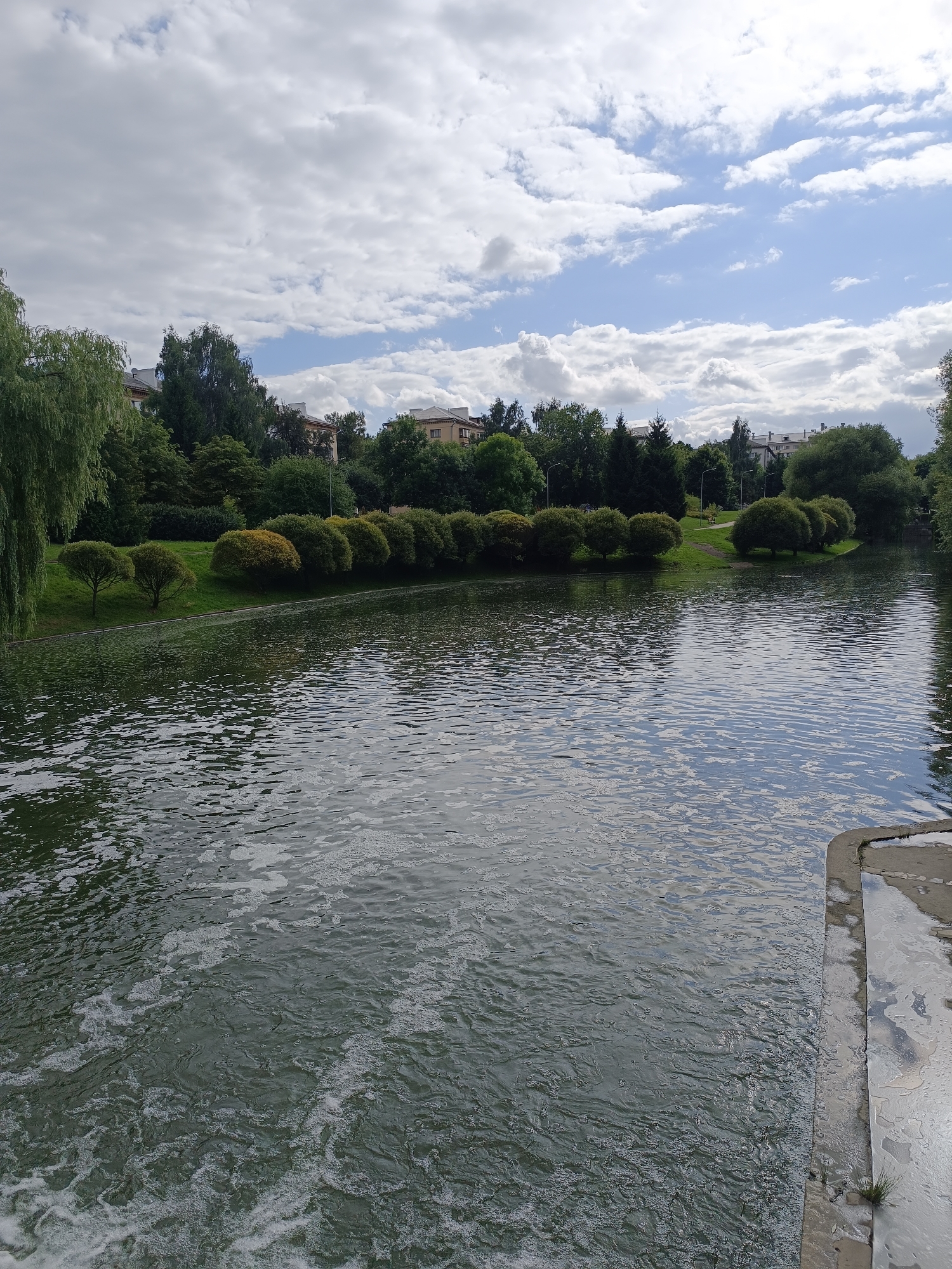 This image depicts a view of the Svislach River in Minsk, Belarus. In the foreground, the river's surface is textured with ripples and foam, indicating movement. The water is a dark, greenish-gray color. Along the bank, a concrete embankment is visible on the right side, wet and reflecting the sky. The opposite bank is lined with a variety of trees and manicured bushes, with the lush green grass of a park area. Further back, several multi-story residential buildings are nestled amongst the trees. The sky above is a mix of blue sky and white, fluffy clouds, suggesting it is a bright, overcast day. No people are visible in the image. The overall scene is a tranquil urban landscape featuring a river, parkland, and residential architecture.