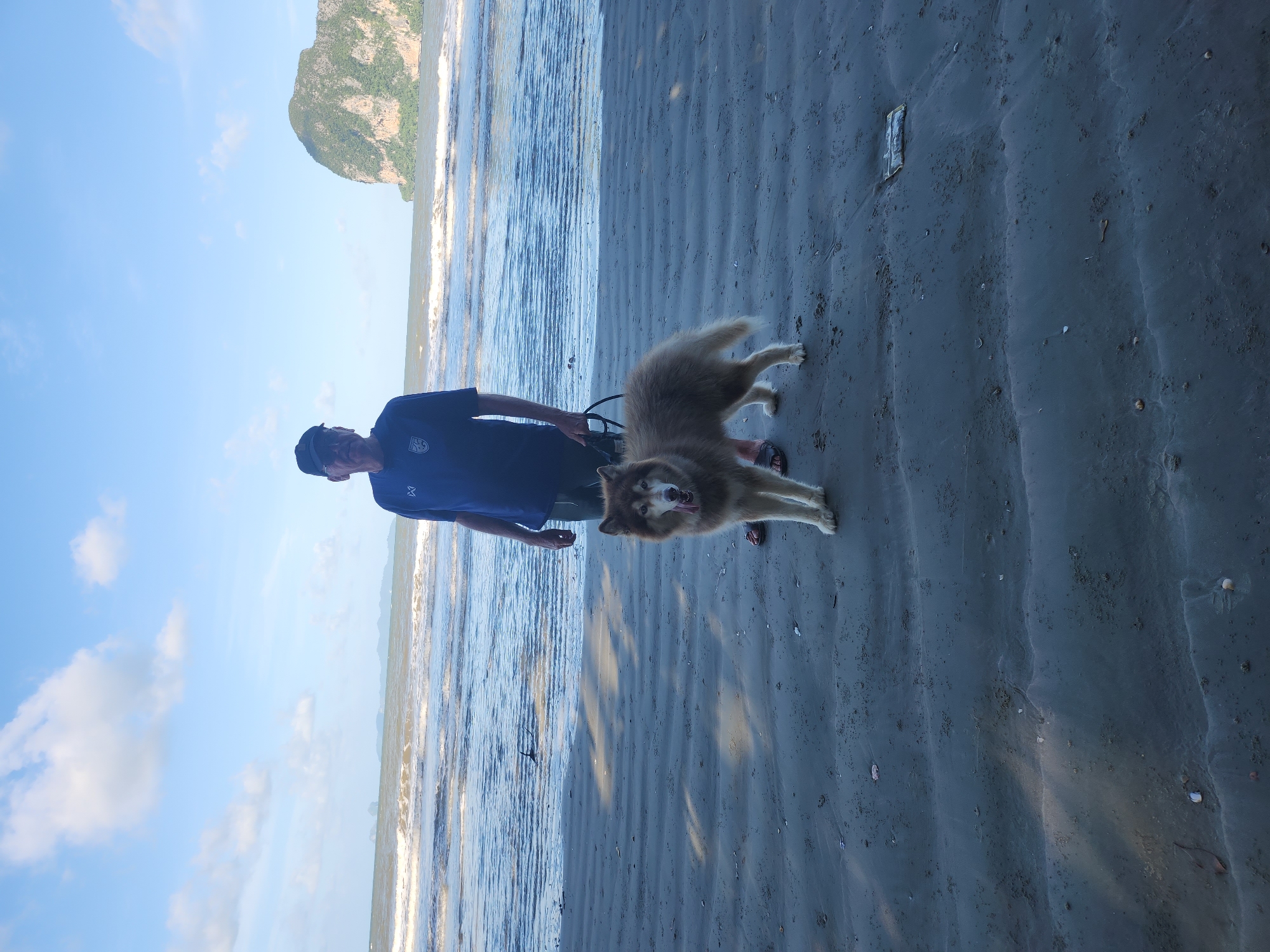 In Hat Pak Meng, Thailand, a man wearing a dark blue t-shirt and a dark baseball cap stands on a sandy beach. He is holding a black leash attached to a husky dog with brown and white fur, which is standing in front of him. The dog's tongue is hanging out. The background shows a rough, wavy ocean under a bright sky with scattered clouds. A large, green, rocky island with a sheer cliff face is visible in the distance to the right. The sand in the foreground is dark and has visible ripples, possibly from the receding tide, with some small shells and debris scattered across it. The overall impression is of a casual outdoor scene by the sea.