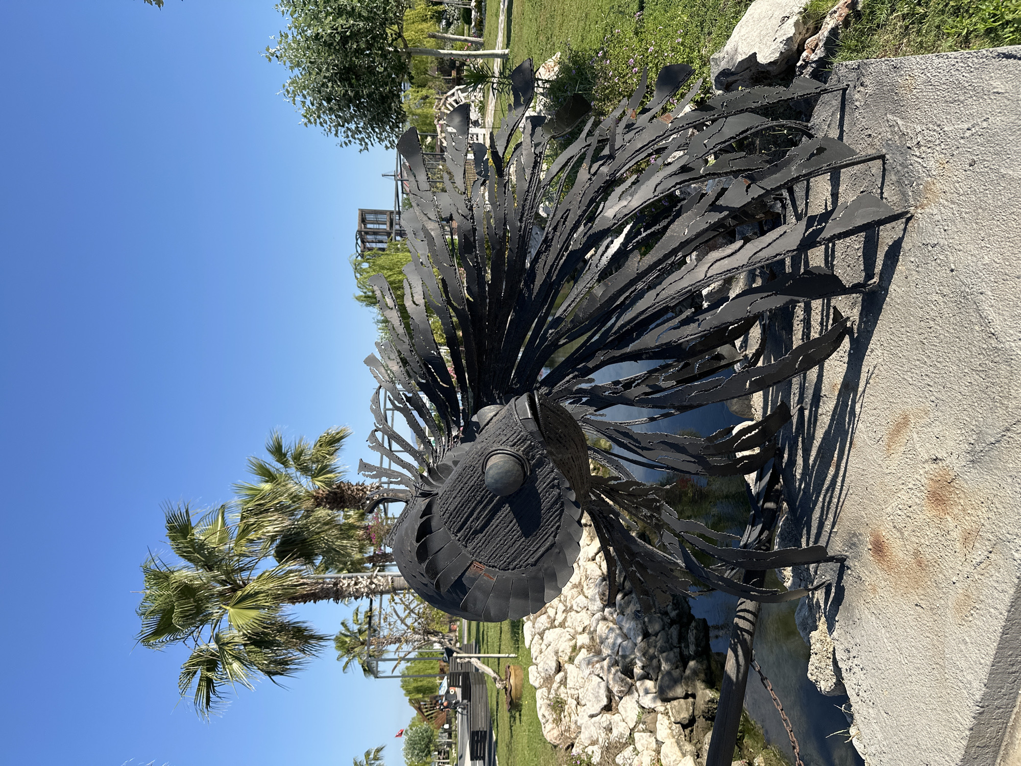 The image displays a large, dark, metallic sculpture set in a bright outdoor environment. The sculpture, resembling a stylized fish or marine creature, features a rounded head with a distinct circular eye-like component. Its body extends into an elaborate fanned structure, composed of numerous sharp, irregular metal strips that fan outwards like fins or feathers. This dark, textured metal stands out against the vibrant backdrop.
The sculpture is positioned on a light-colored concrete border or wall, which runs alongside a body of water, possibly a pond or stream, partially visible beneath the sculpture's fins. Beside the water, a section of landscaping includes white and gray stones.
The background reveals a well-maintained garden or park area under a clear, bright blue sky. Green grass covers the ground, and various trees are present, including tall palm trees with green fronds on the left side of the frame and deciduous trees further back. A rustic, multi-level wooden structure, possibly a gazebo or playhouse, is visible in the distance amidst the greenery. The strong, defined shadows cast by the sculpture and other objects indicate bright sunlight, suggesting a clear day, likely midday or early afternoon. No people or discernible text are visible in the scene. The presence of palm trees and clear skies suggests a warm climate.