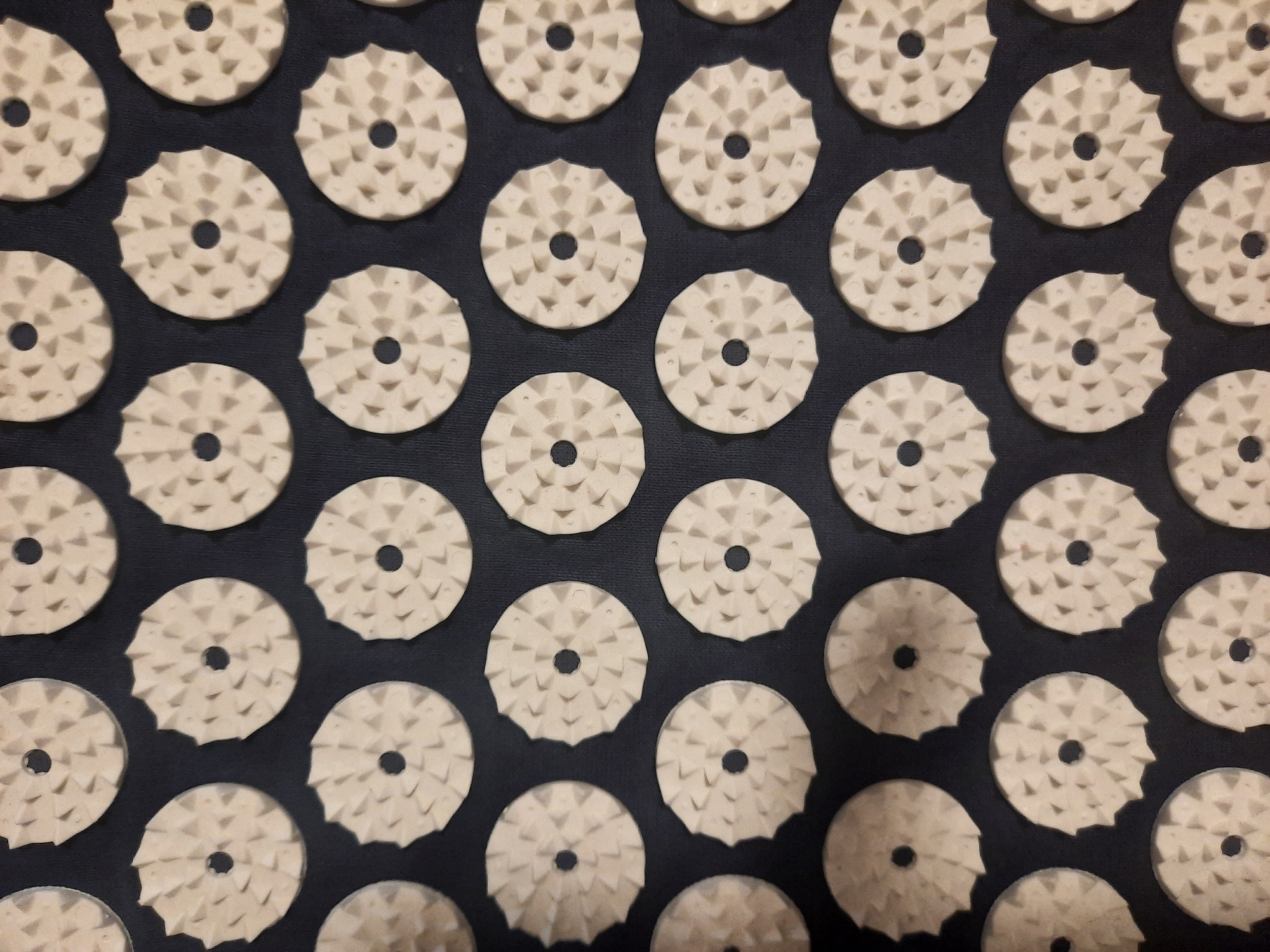 The image displays a close-up, overhead view of a dark-colored acupressure mat. The mat is covered with a repeating pattern of circular, light-colored plastic discs. Each disc has a central hole and is embossed with numerous small, pointed projections arranged in a radial pattern around the hole. The discs are uniformly spaced and form a grid-like structure across the entire surface of the mat. The background of the mat appears to be a dark fabric, possibly black or a very dark gray. There are no people, animals, or other objects visible in the image. The lighting is consistent, illuminating the texture and details of the discs without harsh shadows. The image provides a detailed examination of the mat's surface and construction. This image is not associated with Rosenheim, Germany.