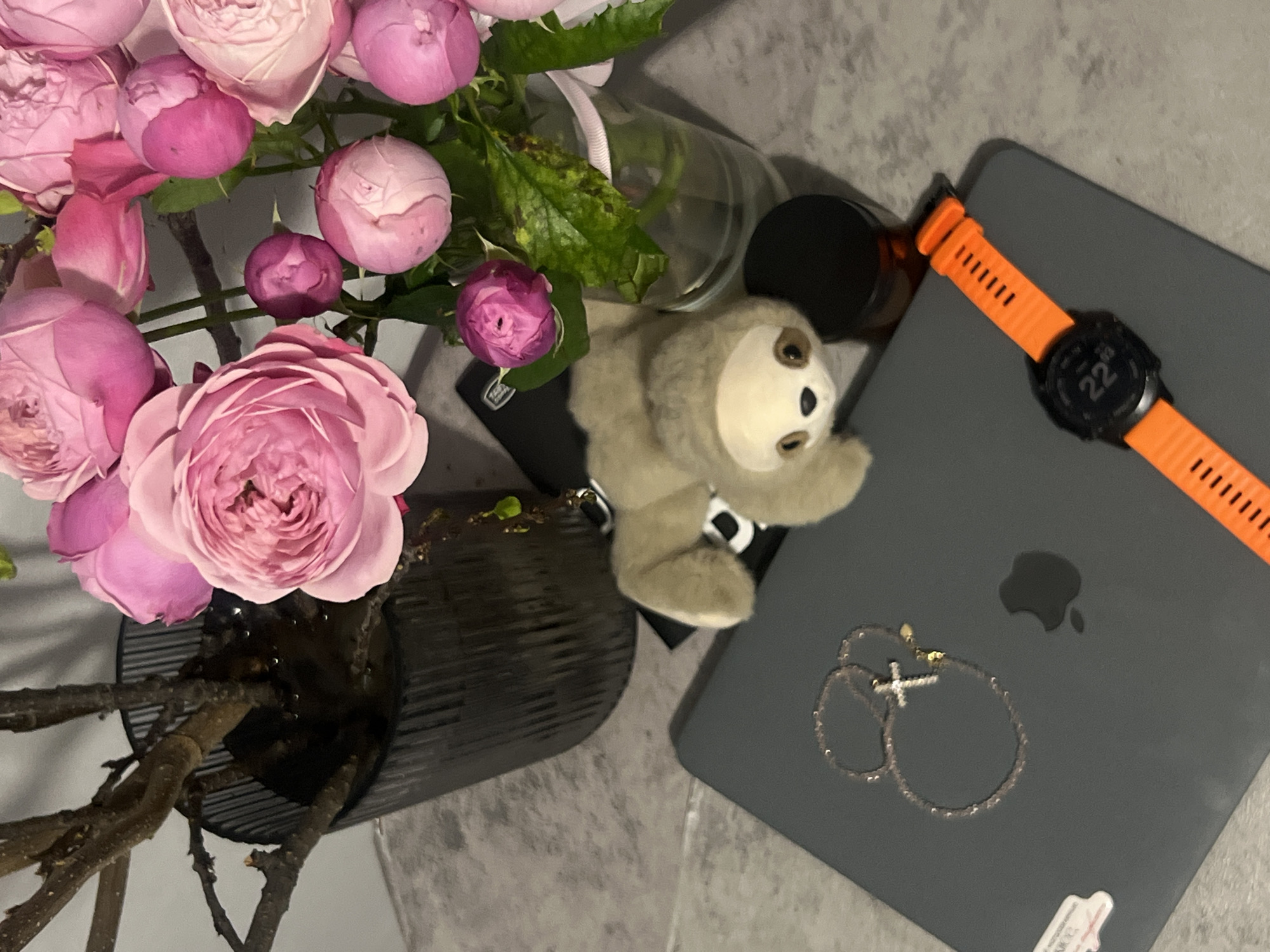 The image presents an overhead shot of various objects arranged on a surface, likely a table, with no indication of a specific location in Kazan or Russia.
Dominating the left side is a vase filled with an arrangement of pink roses and branches. To the right, a gray laptop is visible, featuring an Apple logo and a silver necklace with a cross pendant resting on its surface. An orange-strapped smartwatch sits atop the laptop as well. A stuffed sloth toy rests near the vase and the laptop, adding a touch of whimsy to the composition. A black container is present as well, sitting near the sloth. The surface below displays a mottled gray pattern.